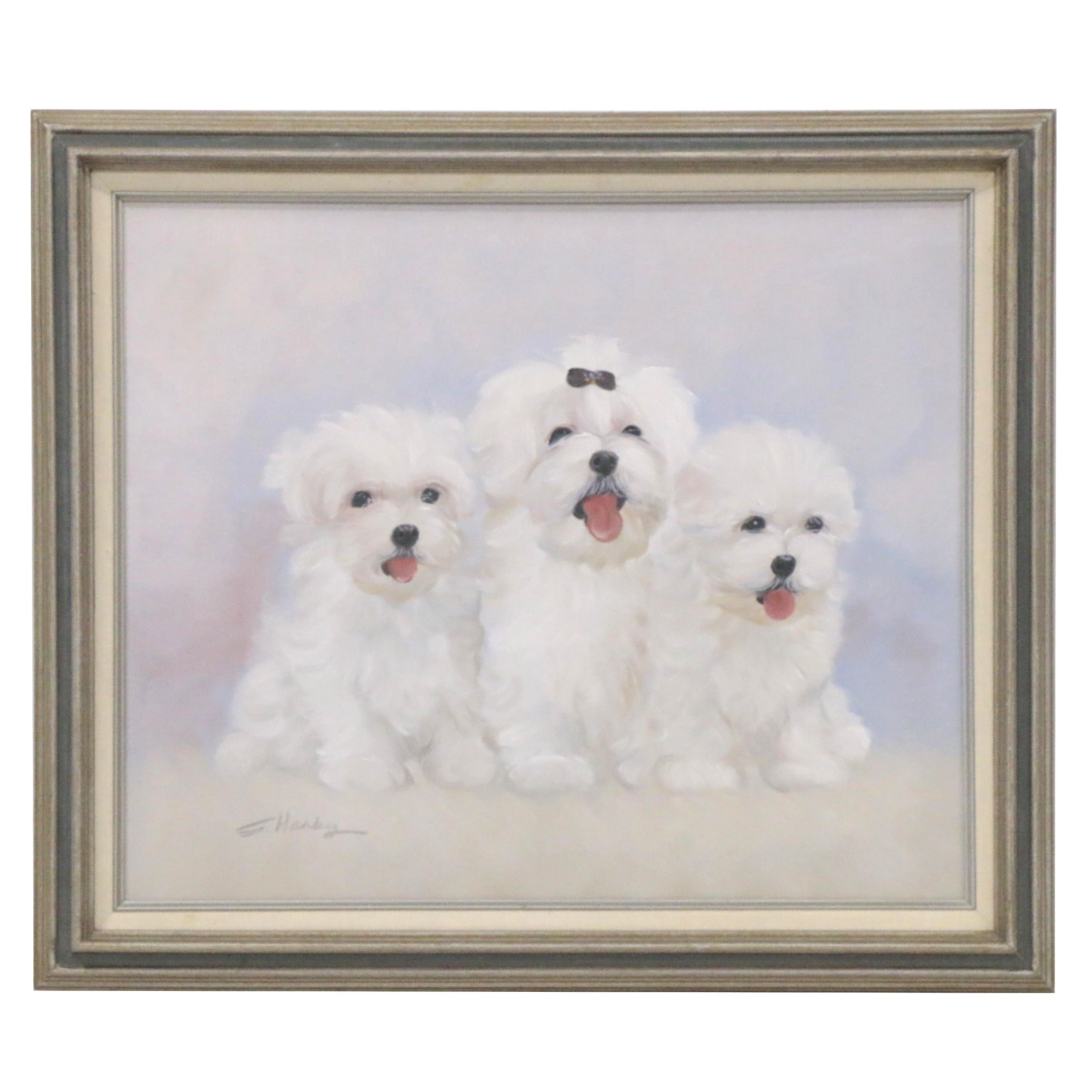 Oil Painting of Maltese Puppies, Late 20th Century