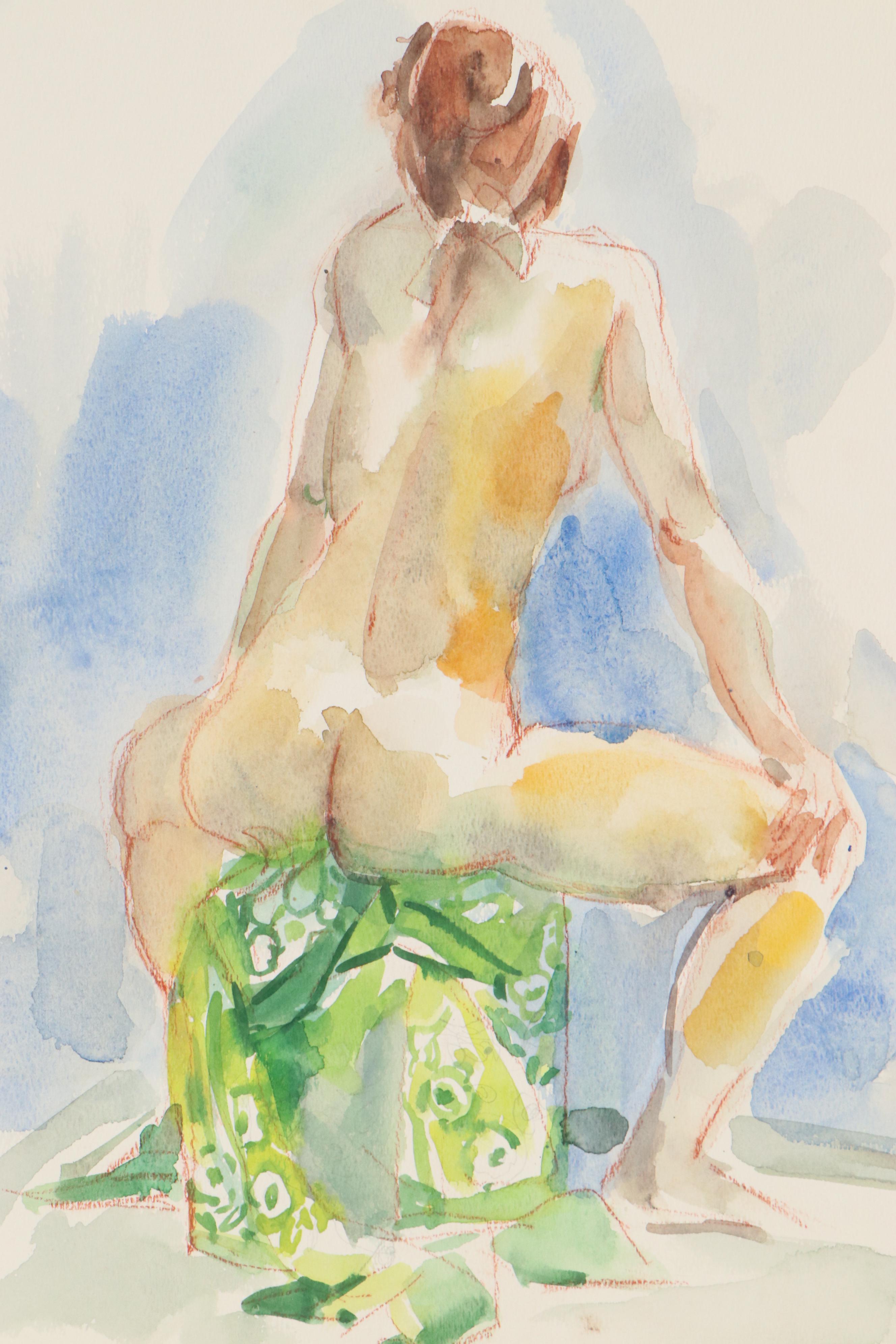 Yolanda Fusco Embellished Watercolor Painting of Nude Figure, Late 20th Century