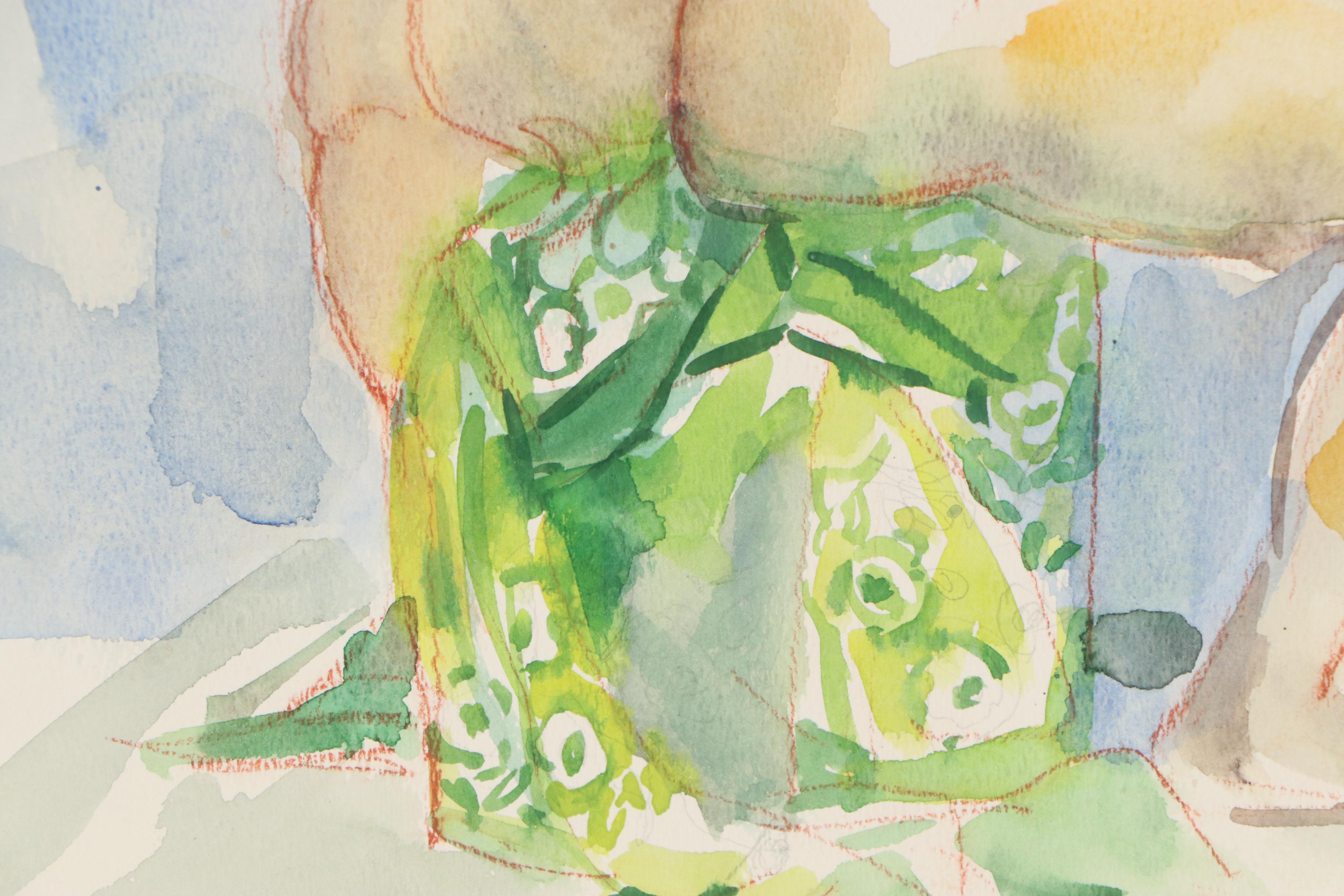 Yolanda Fusco Embellished Watercolor Painting of Nude Figure, Late 20th Century