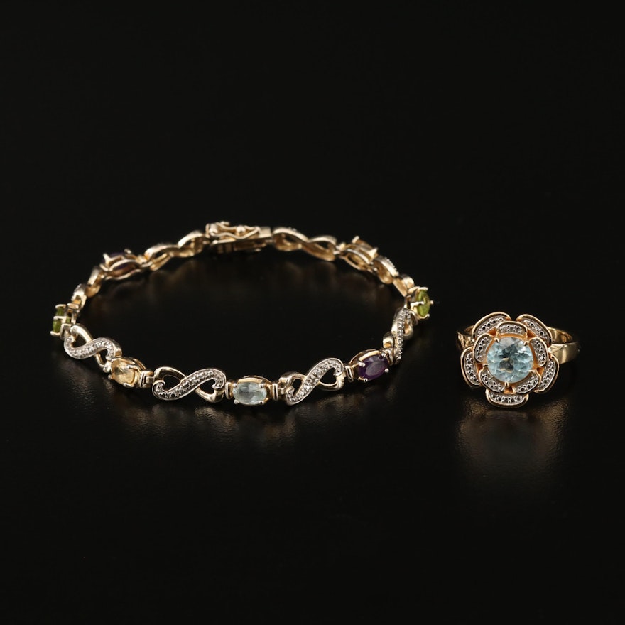 Sterling Topaz and Diamond Floral Ring and Multi-Stone Infinity Link Bracelet