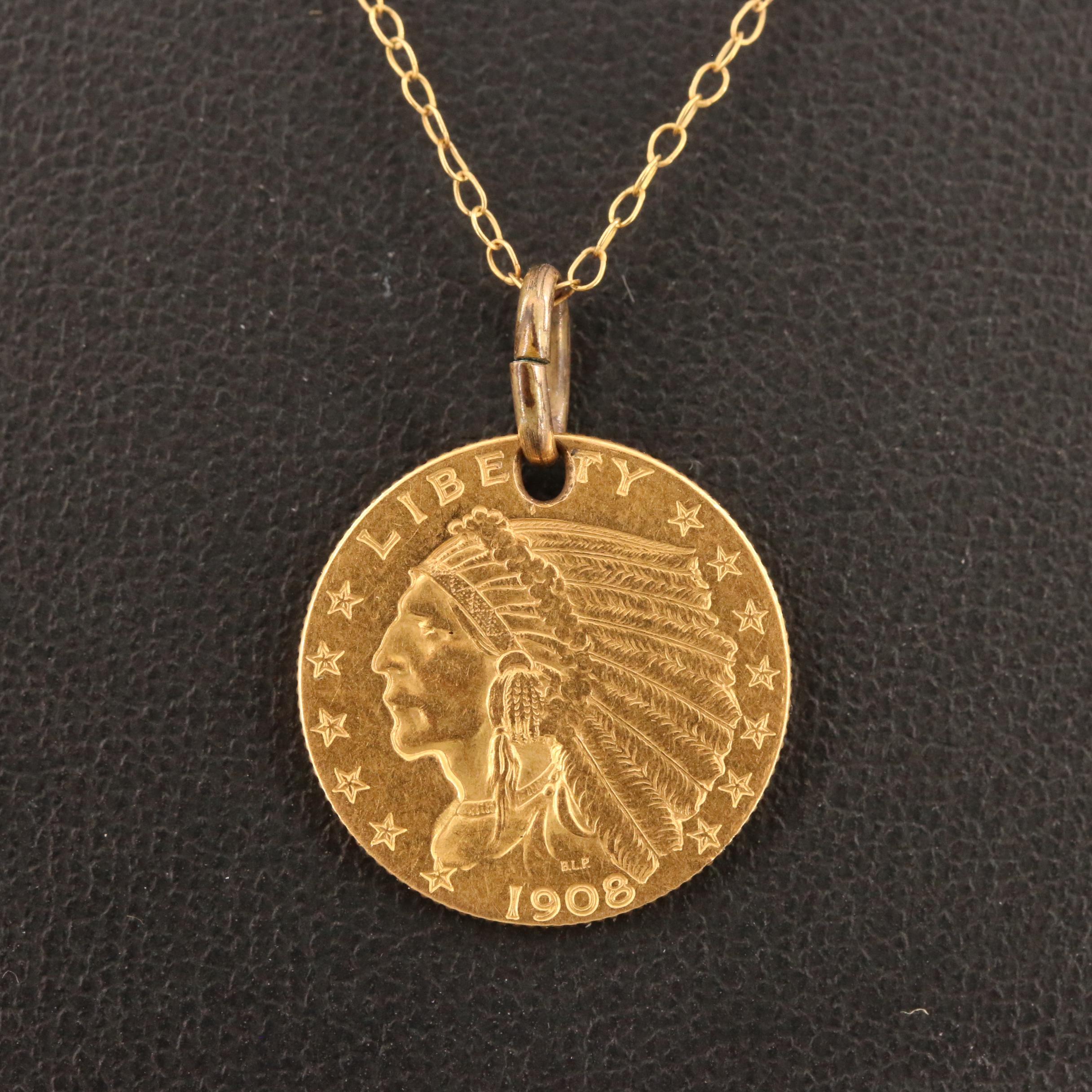 1908 Indian Head $2.50 Gold Coin Necklace