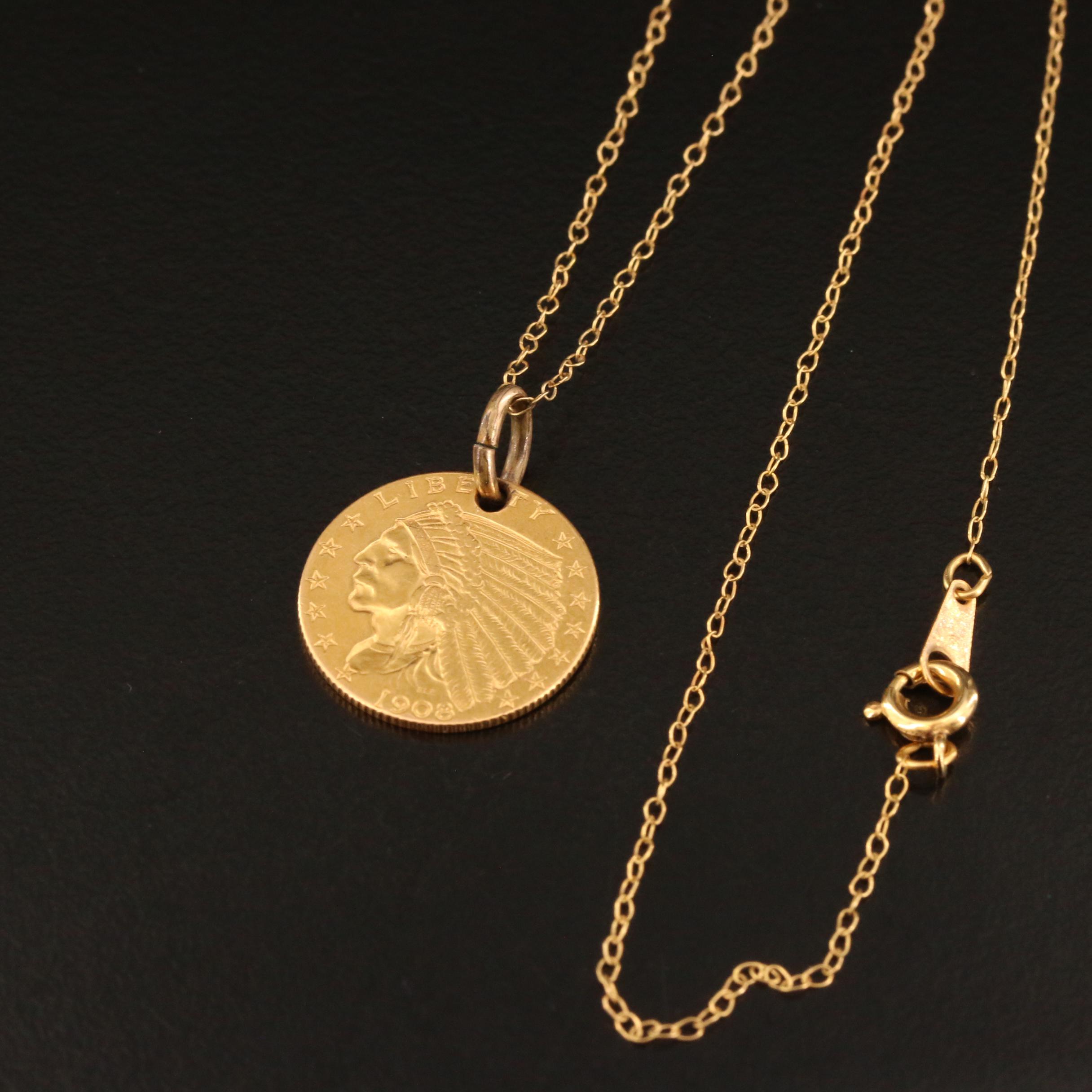 1908 Indian Head $2.50 Gold Coin Necklace