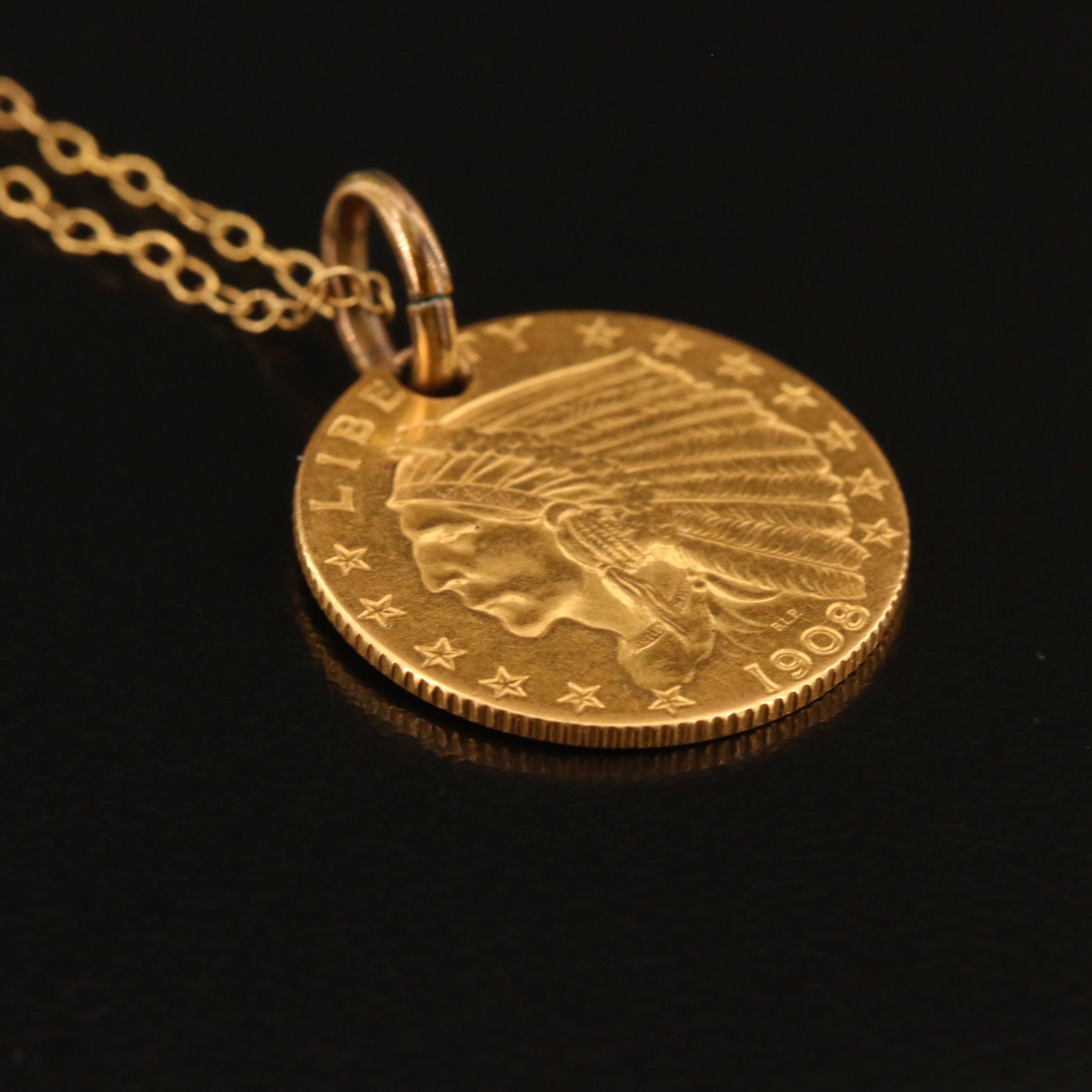 1908 Indian Head $2.50 Gold Coin Necklace