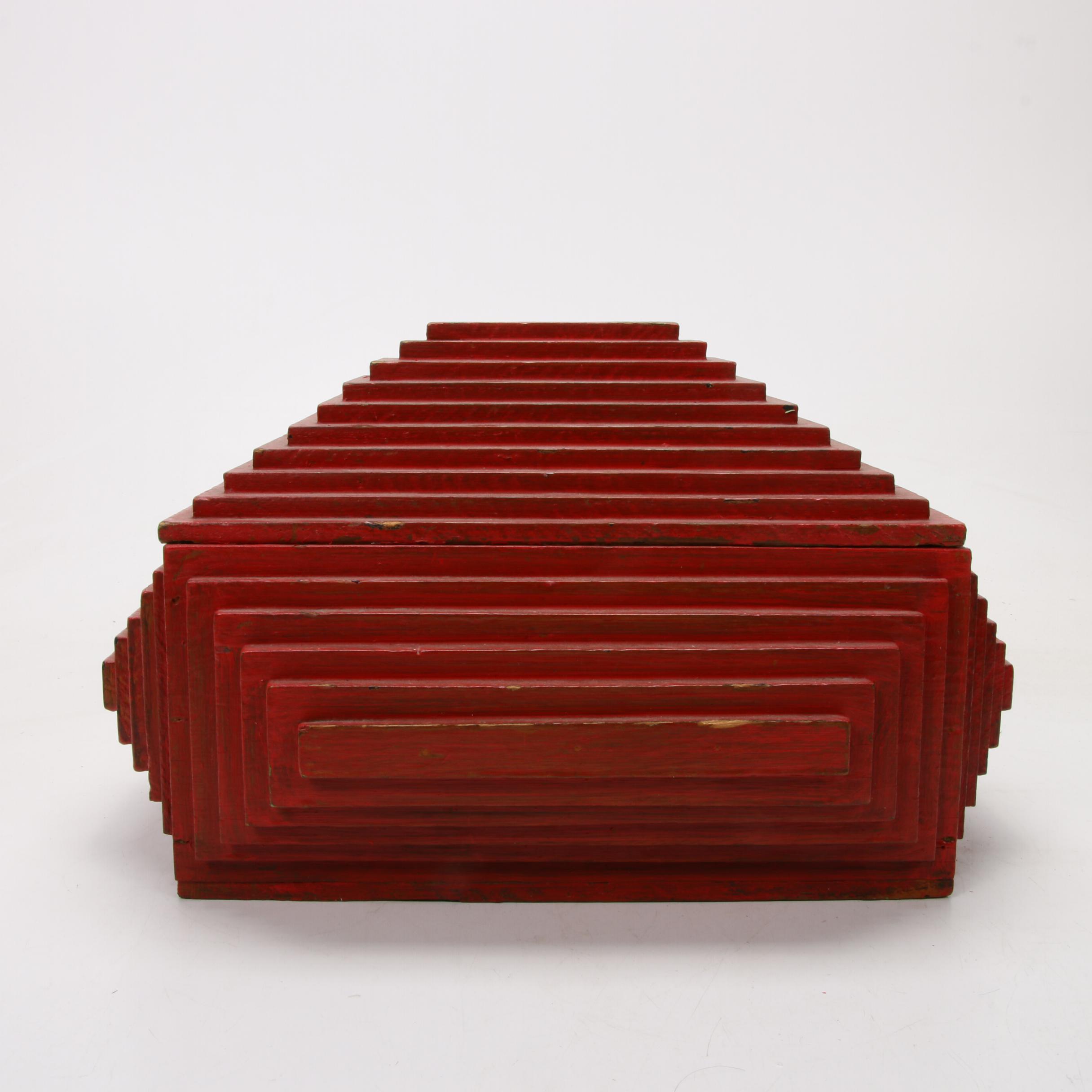 Folk Art Red Painted Wood Step Box, Mid-20th Century