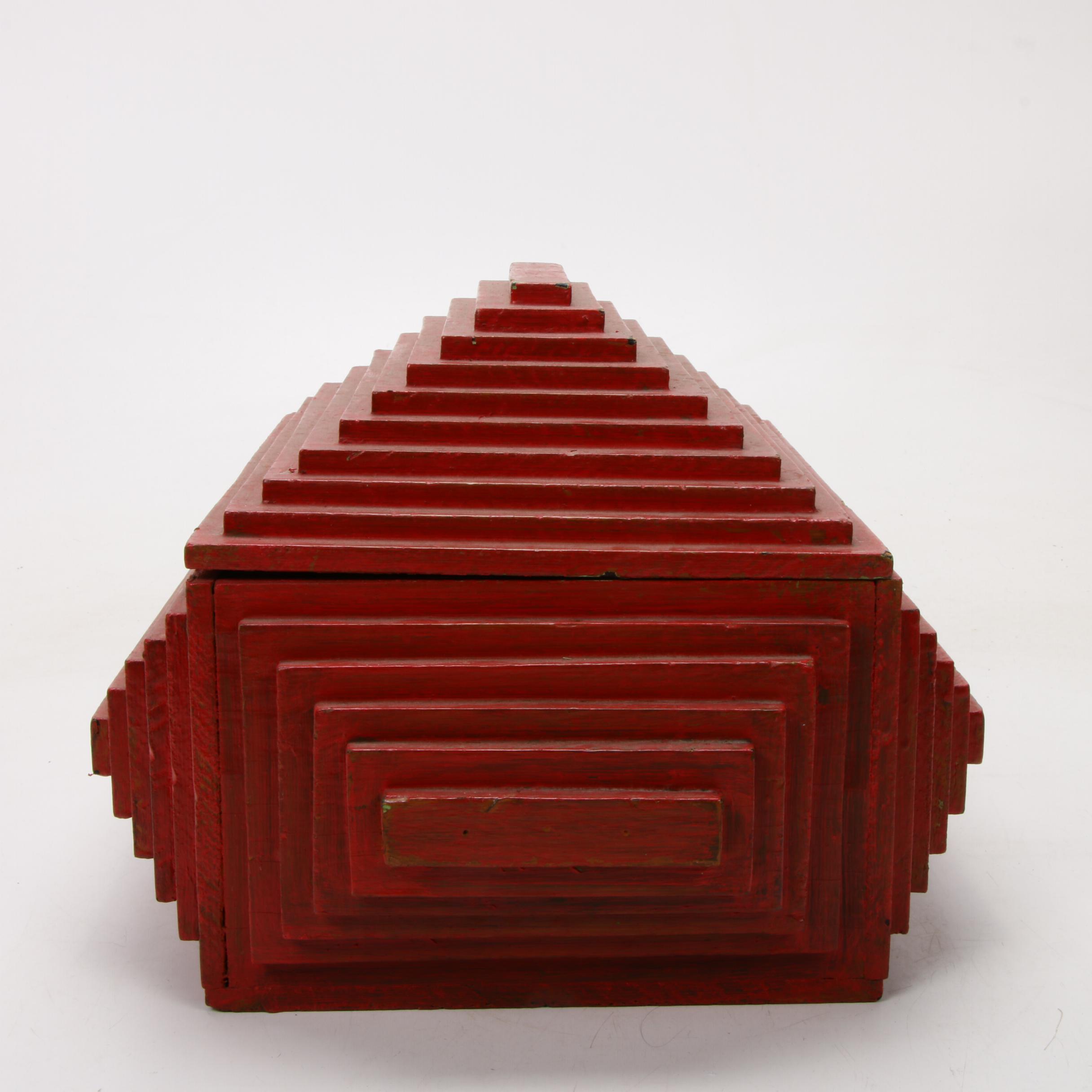 Folk Art Red Painted Wood Step Box, Mid-20th Century