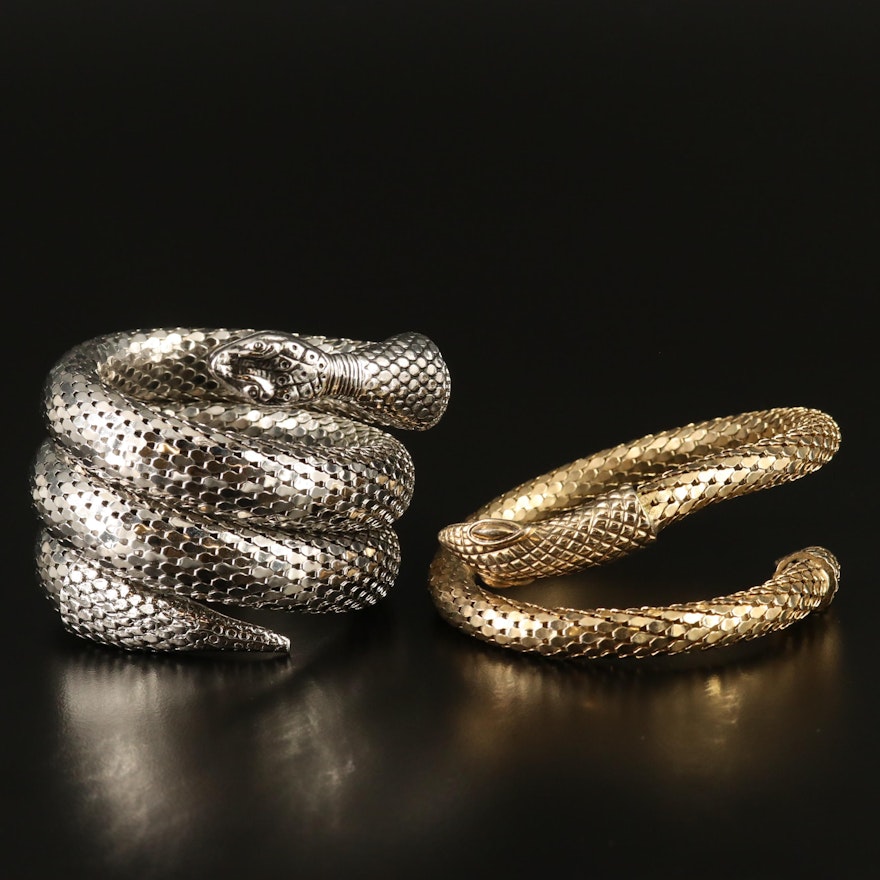 Coiled Snake Mesh Bracelets Featuring Whiting and Davis Gold Tone Bracelet