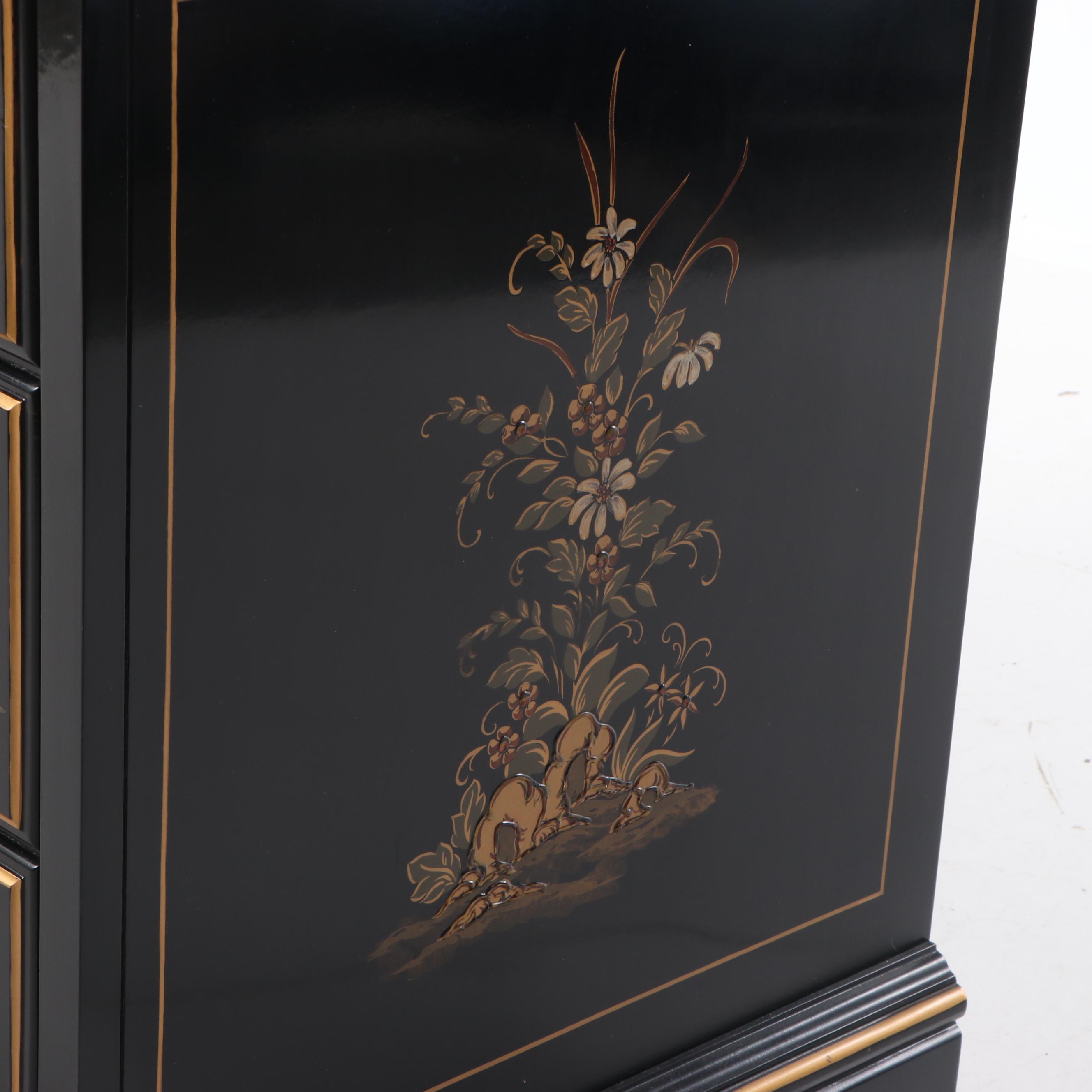 Ethan Allen Black-Lacquered, Parcel-Gilt, & Chinoiserie-Decorated Media Cabinet