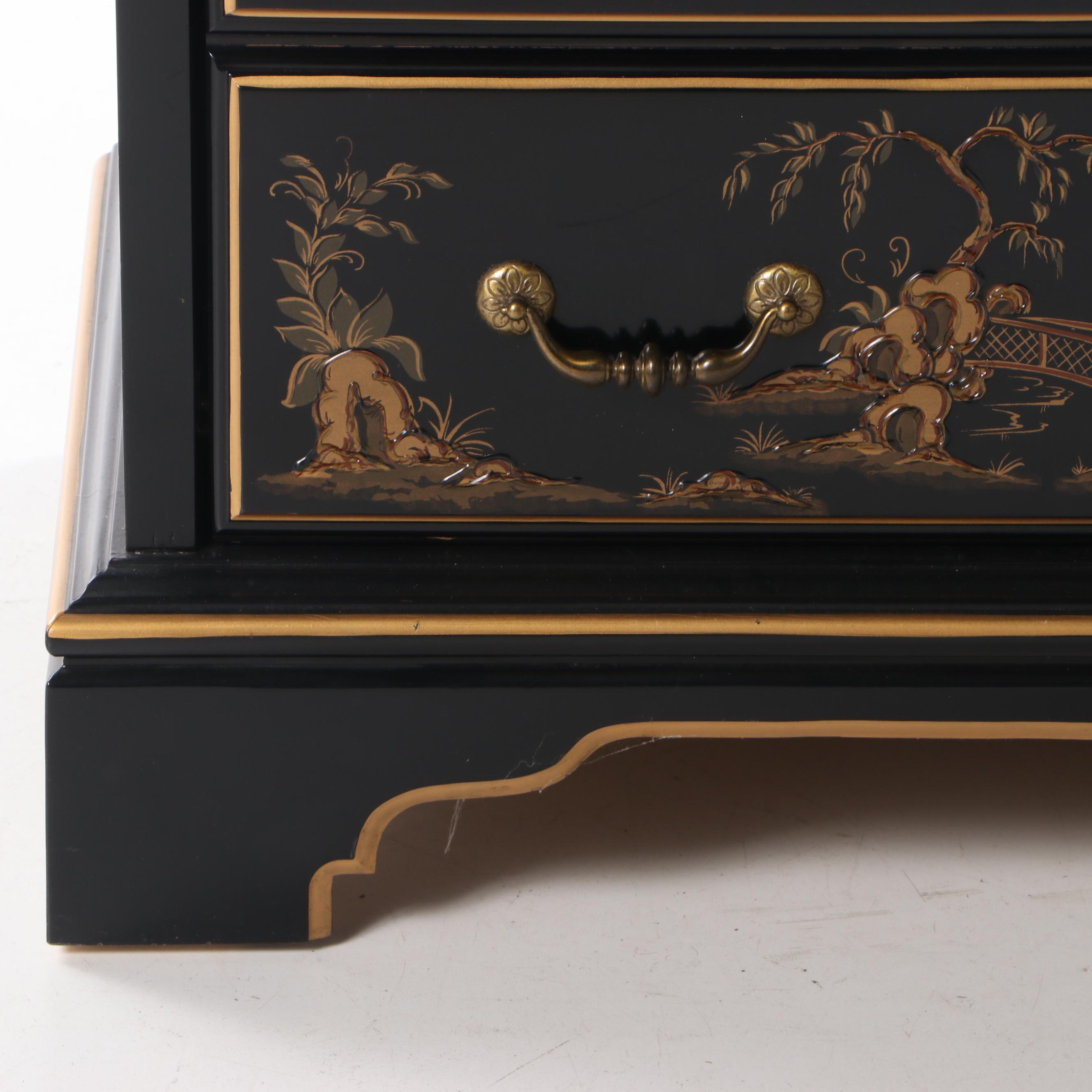 Ethan Allen Black-Lacquered, Parcel-Gilt, & Chinoiserie-Decorated Media Cabinet