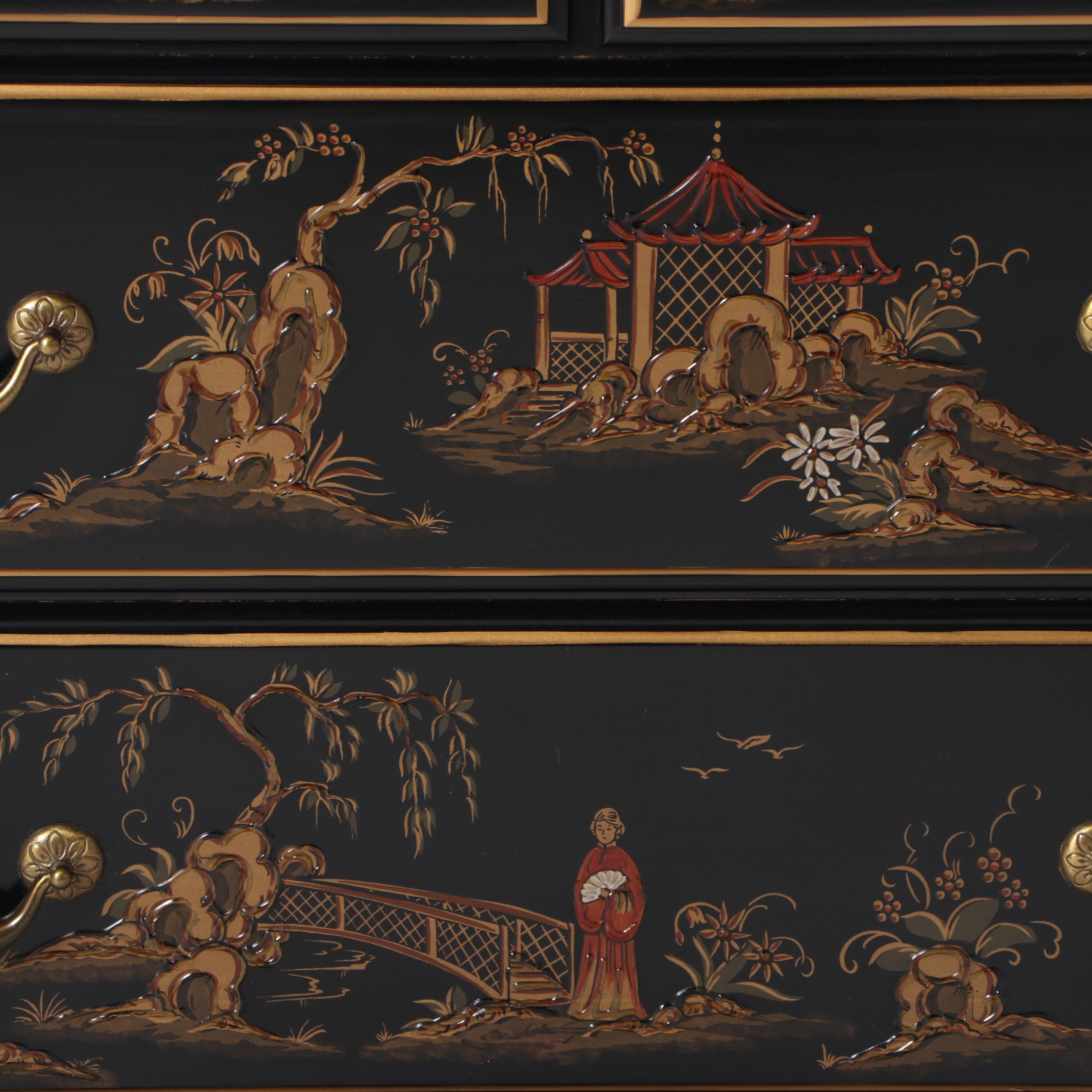 Ethan Allen Black-Lacquered, Parcel-Gilt, & Chinoiserie-Decorated Media Cabinet