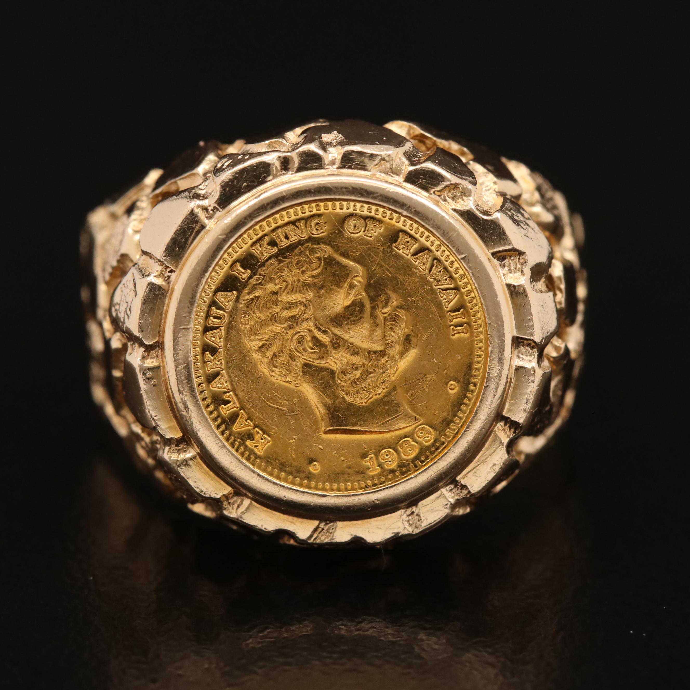 14K Nugget Style Ring Holding Hawaiian Gold Commemorative Coin