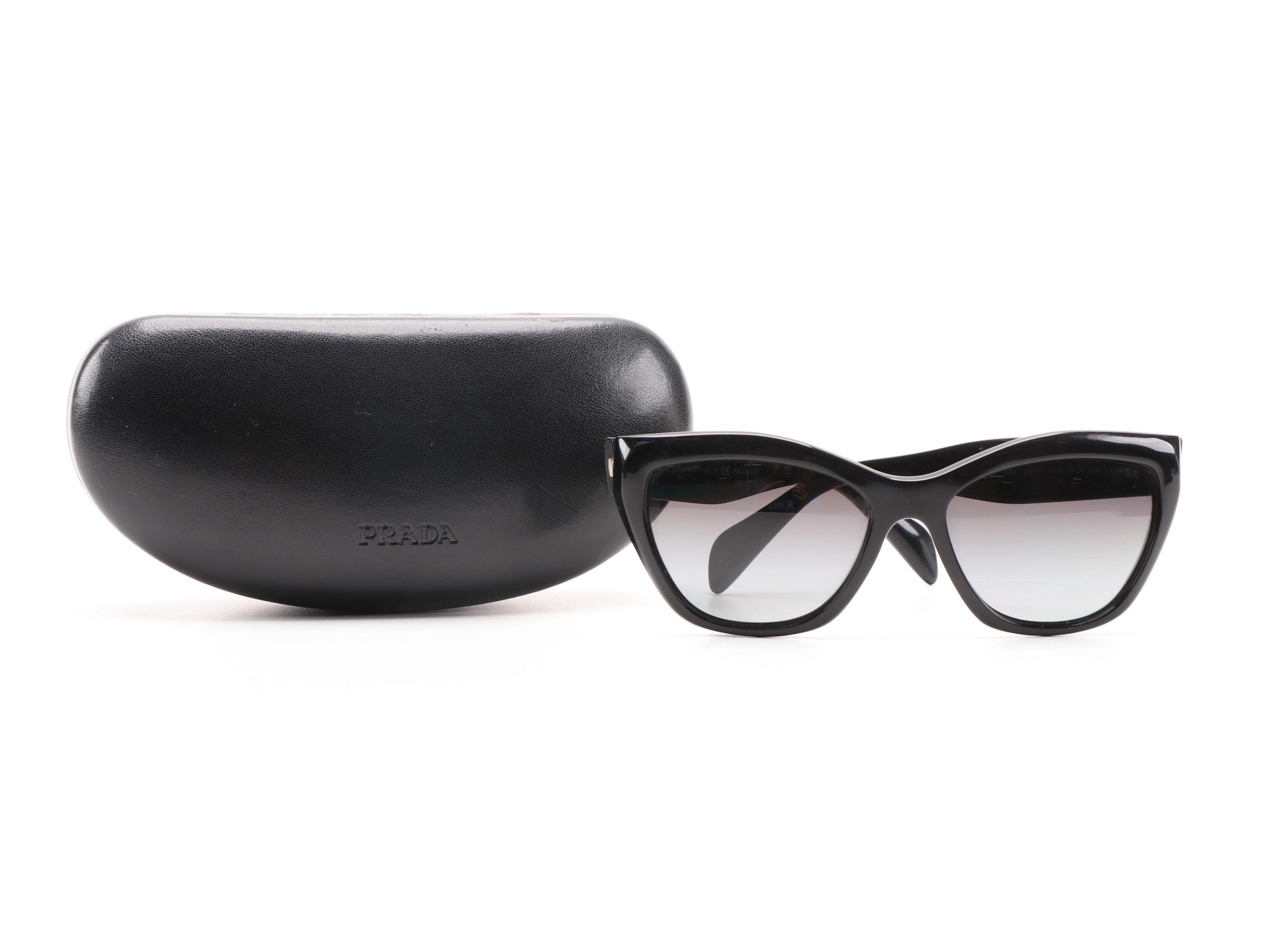 Prada SPR 02Q Black Cat Eye Polarized Sunglasses with Case