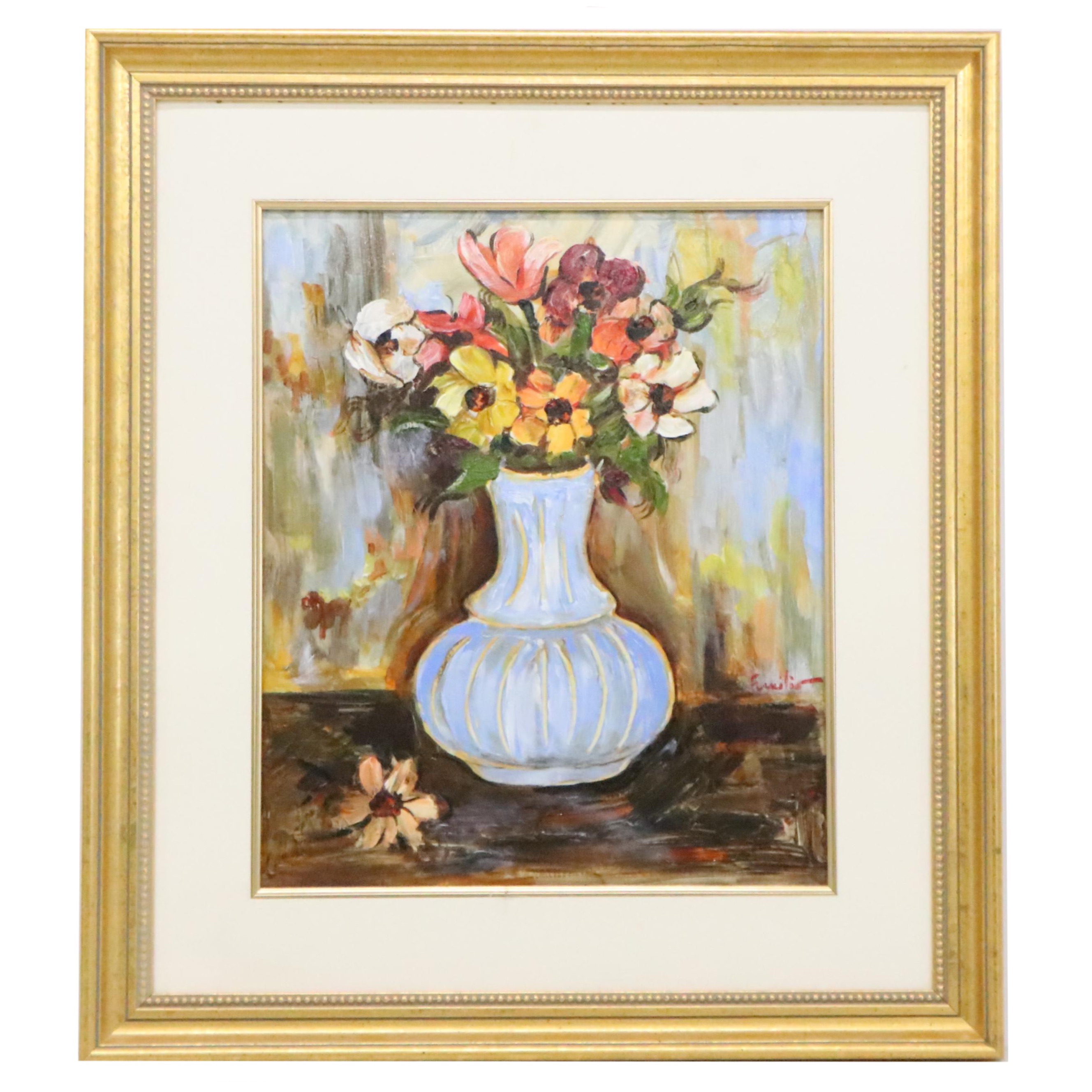 Emilio Pica Abstract Floral Still Life Oil Painting, Late 20th Century