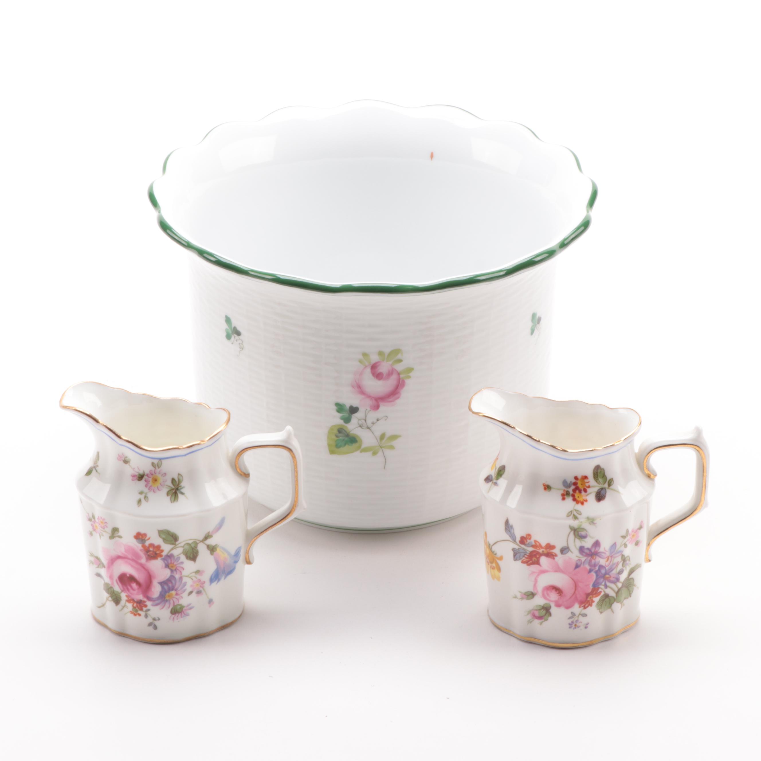 Herend Porcelain Cachepot and Royal Crown Derby Bone China Creamers