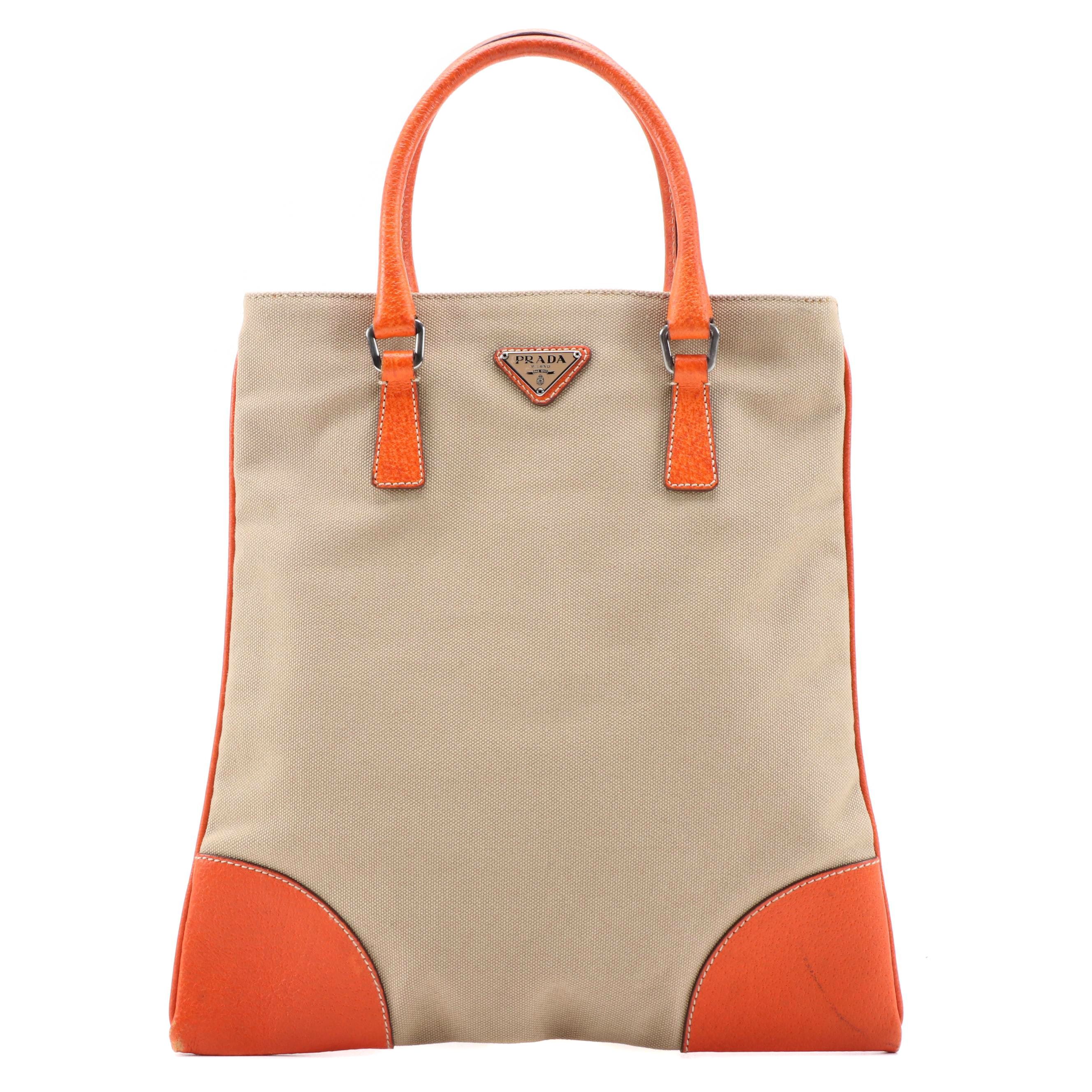 Prada Handbag in Canvas and Orange Leather