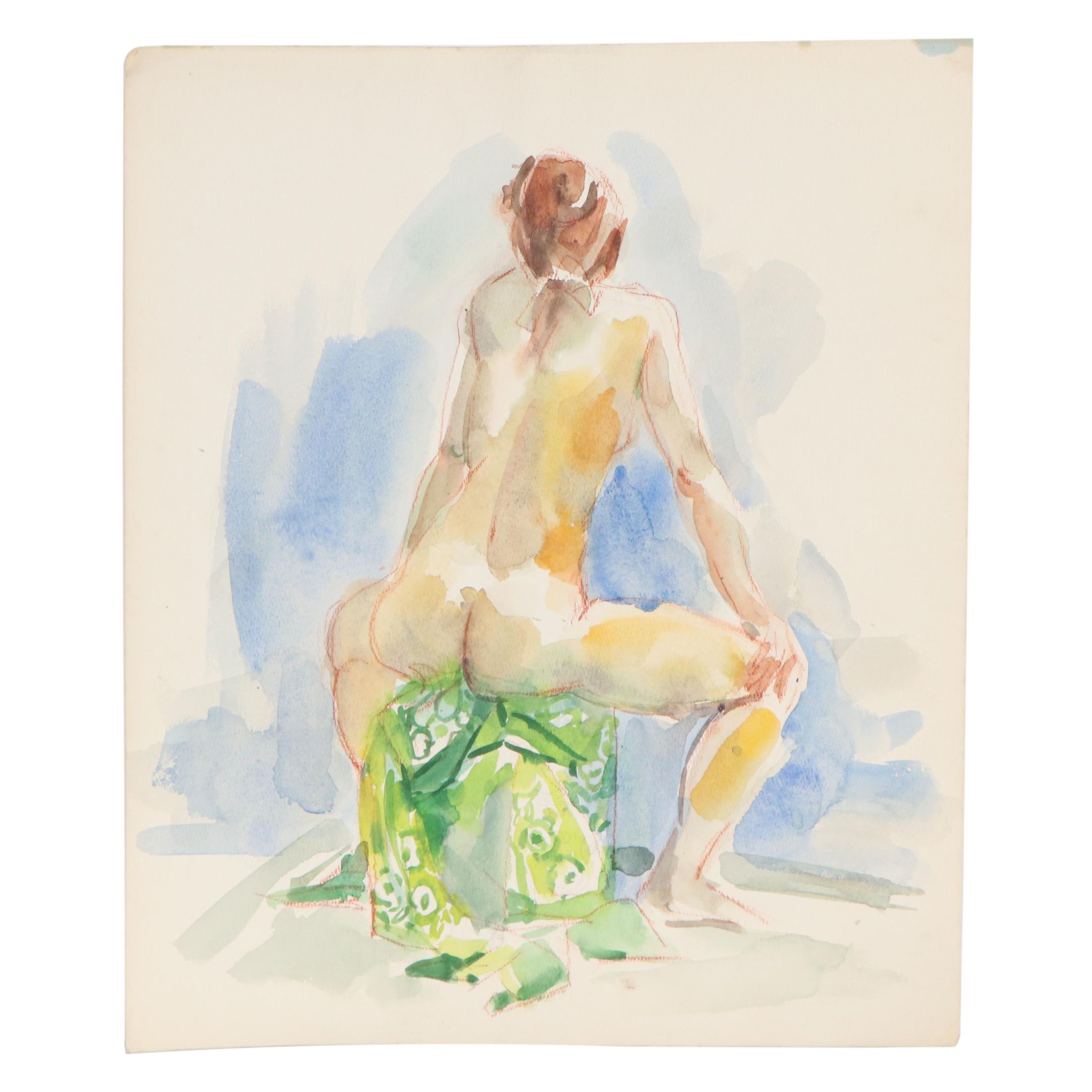 Yolanda Fusco Embellished Watercolor Painting of Nude Figure, Late 20th Century