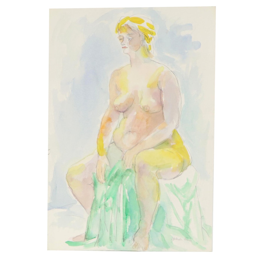 Yolanda Fusco Watercolor Painting of Seated Figure, Late 20th Century