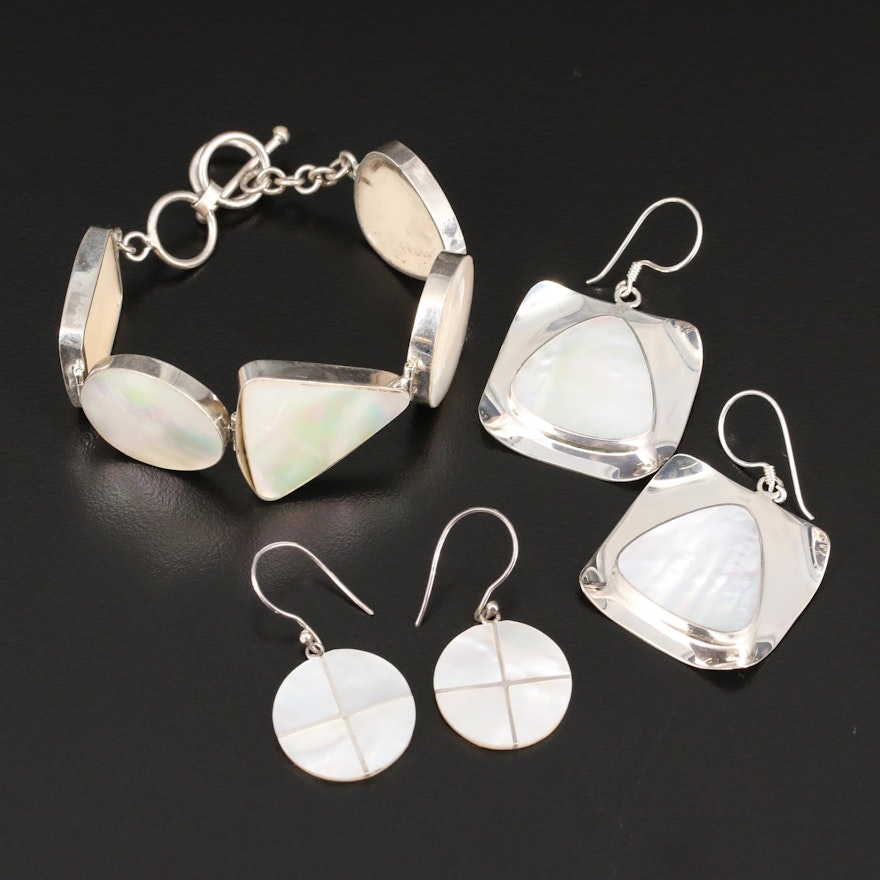 Sterling Silver Mother of Pearl Link Bracelet and Earrings