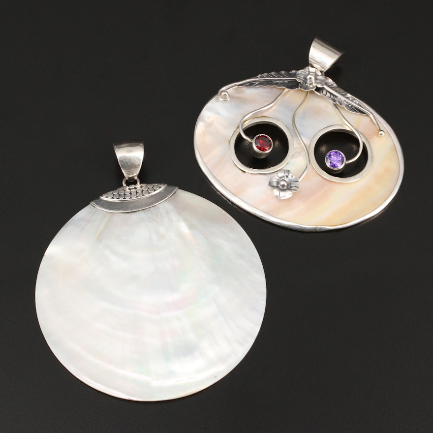 Sterling Pendants Including Shell and Panda Motif Cubic Zirconia