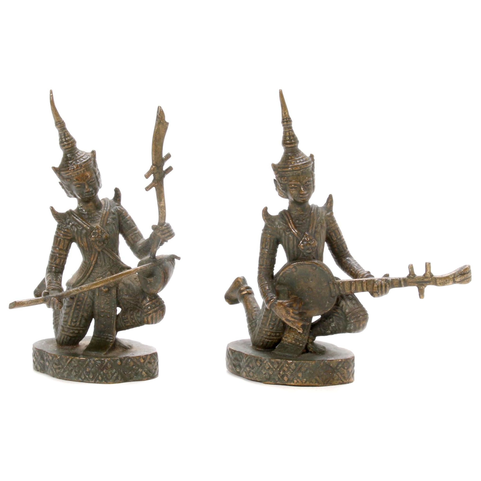 Pair of Bronze Thai Musician Figurines Playing the Grajabpi and Saw Duang