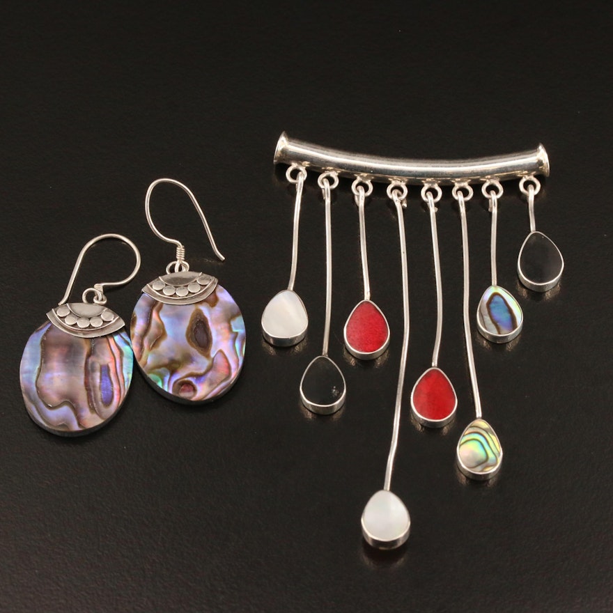 Sterling Slide Pendant and Dangle Earrings Including Abalone, Coral and More