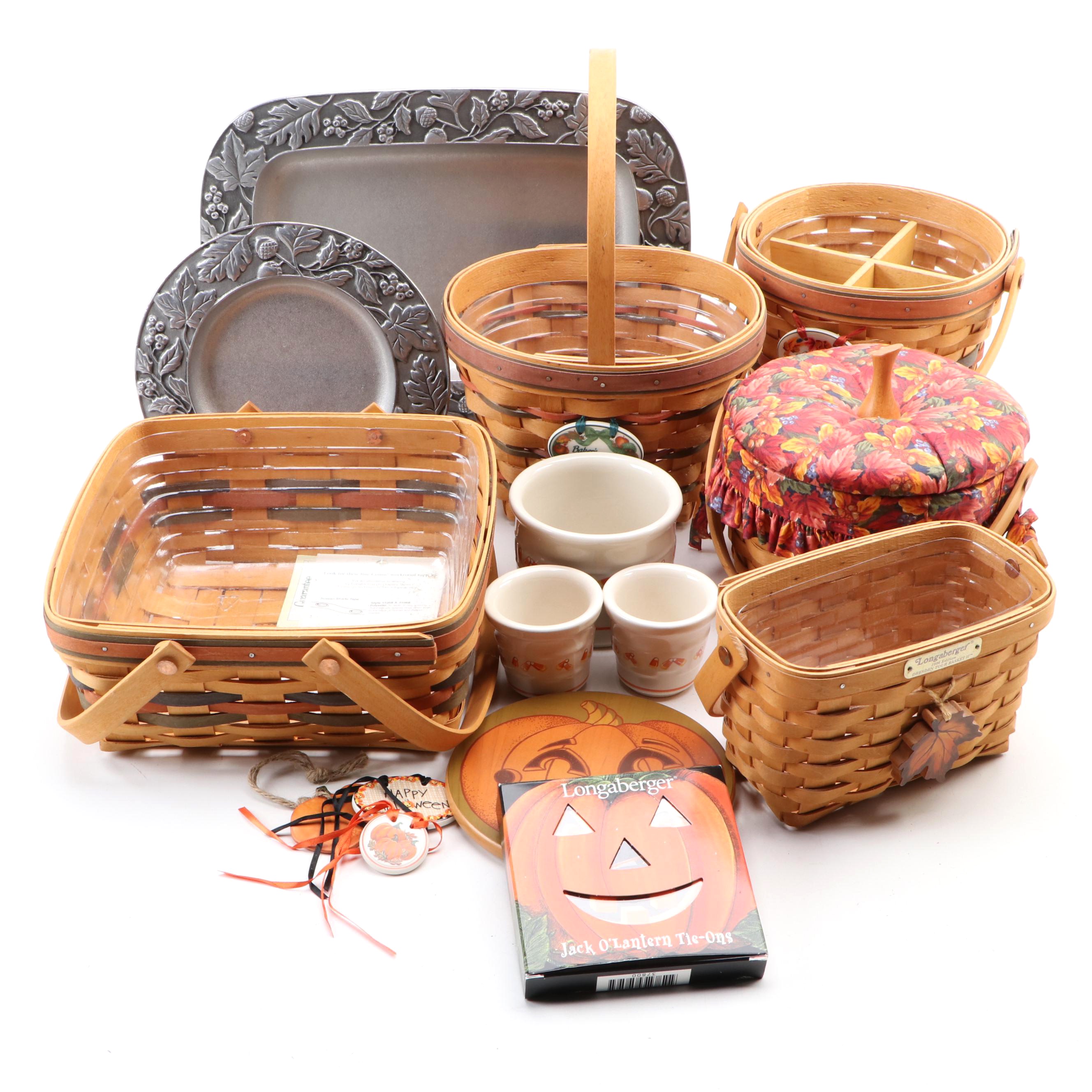 Longaberger Baskets with Autumn and Halloween Themed Ceramic and Metal Serveware