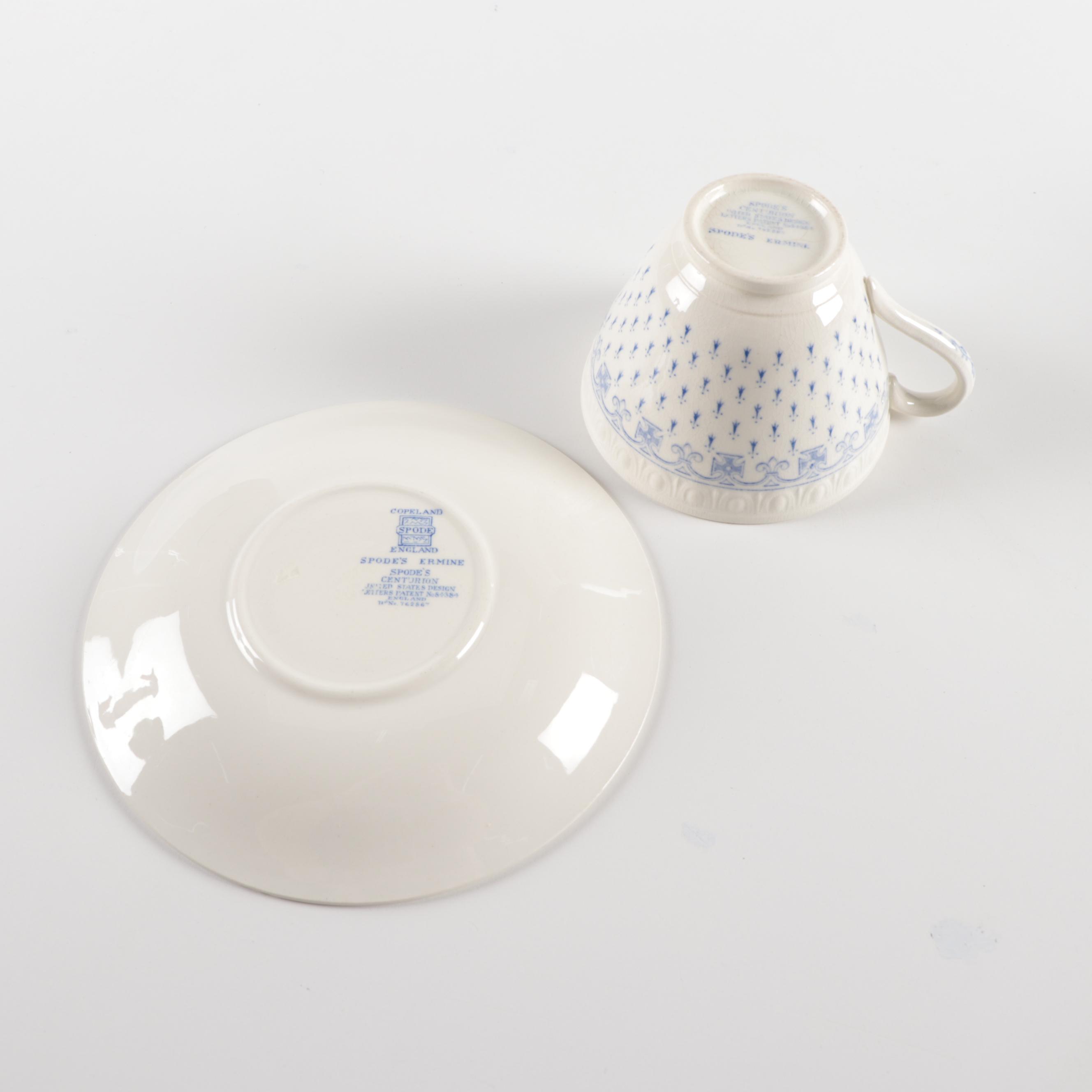 Spode "Ermine" Earthenware Plates, Teacups, and Saucers, Mid-20th C.