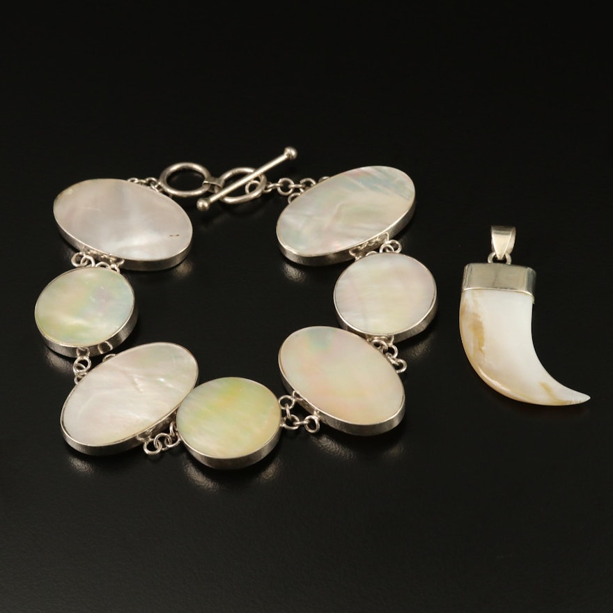 Sterling Silver Mother of Pearl Bracelet and Claw Pendant