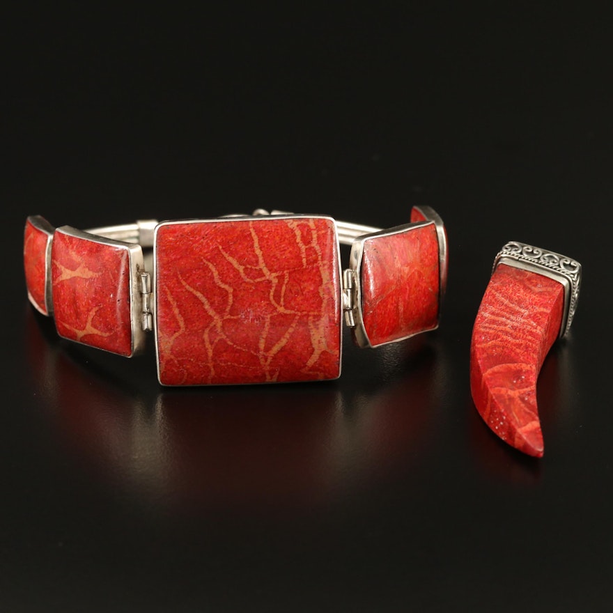 Sterling Silver Coral Link Bracelet and Tusk Pendant
