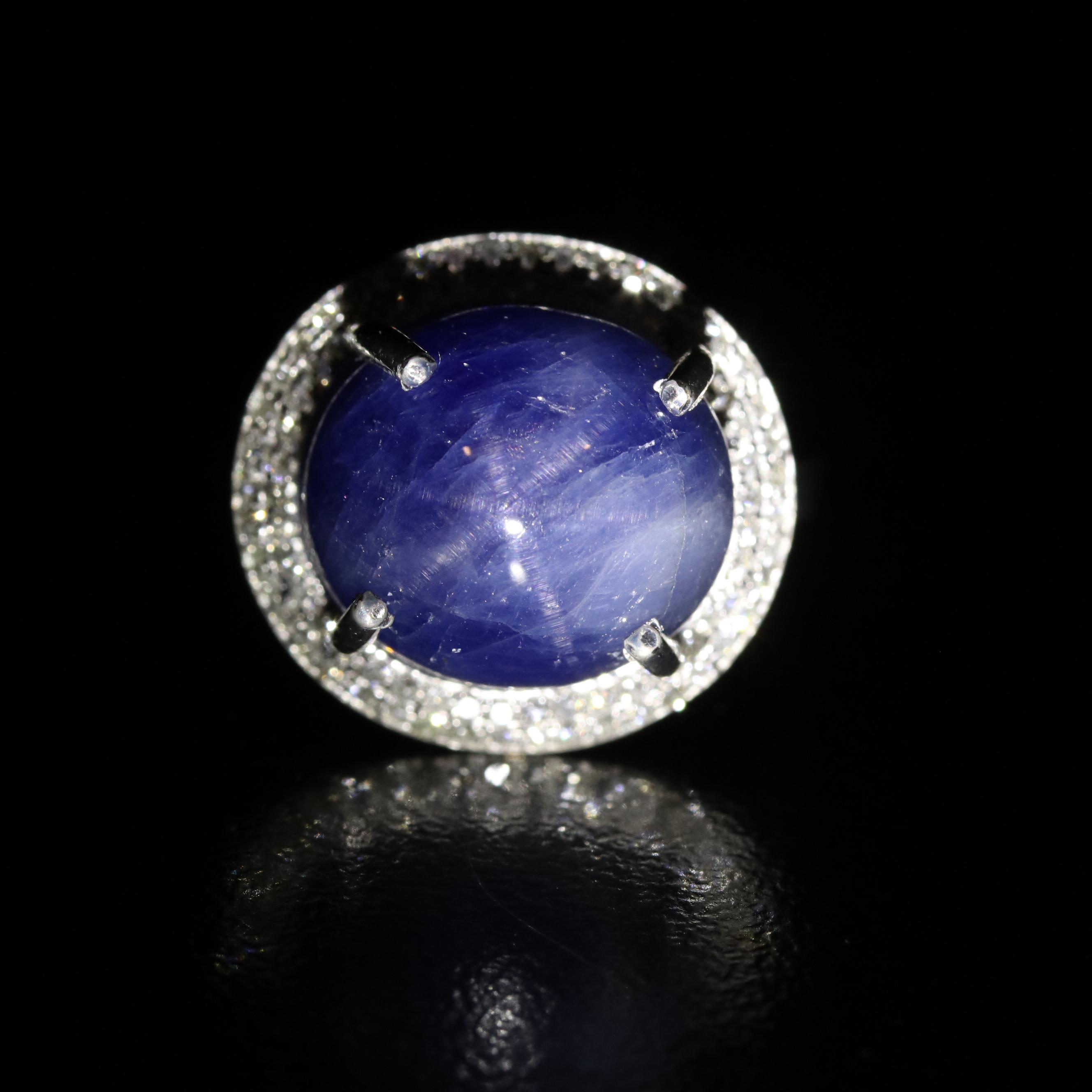 14K White Gold 14.93 CT Star Sapphire and Diamond Ring with GIA Report