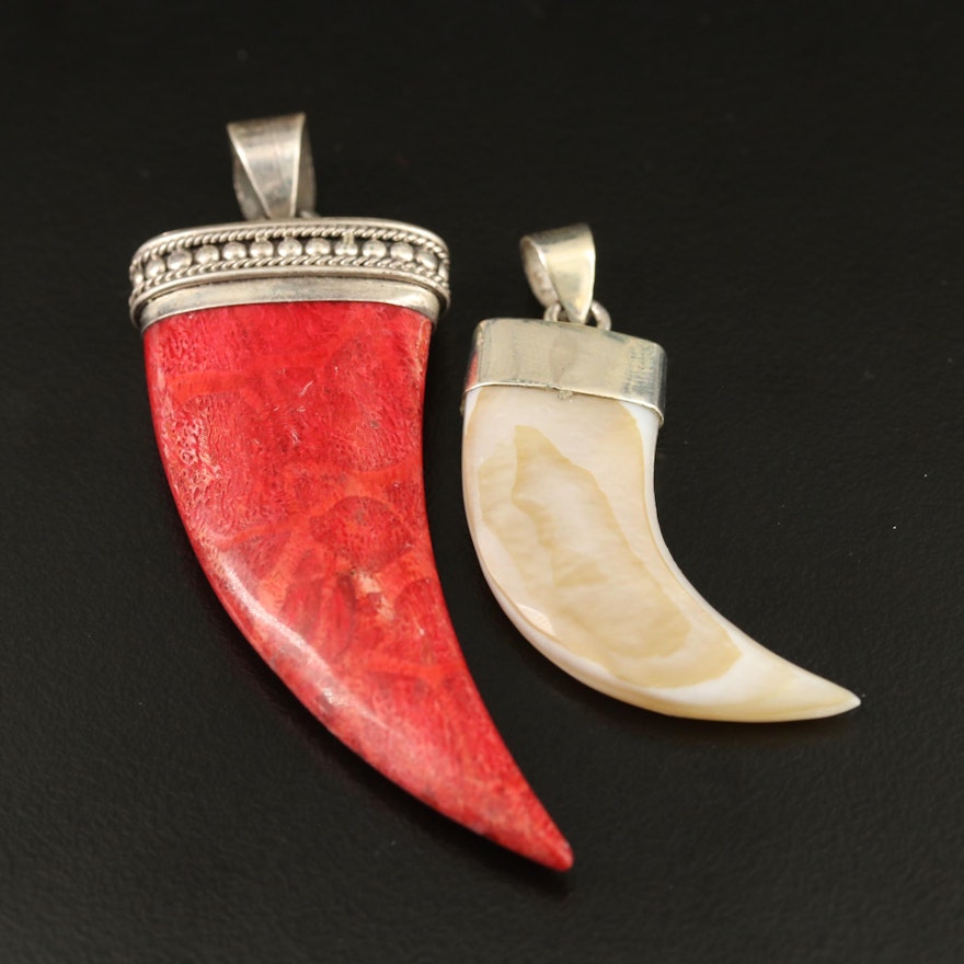 Sterling Silver Claw Shaped Coral and Mother of Pearl Pendants