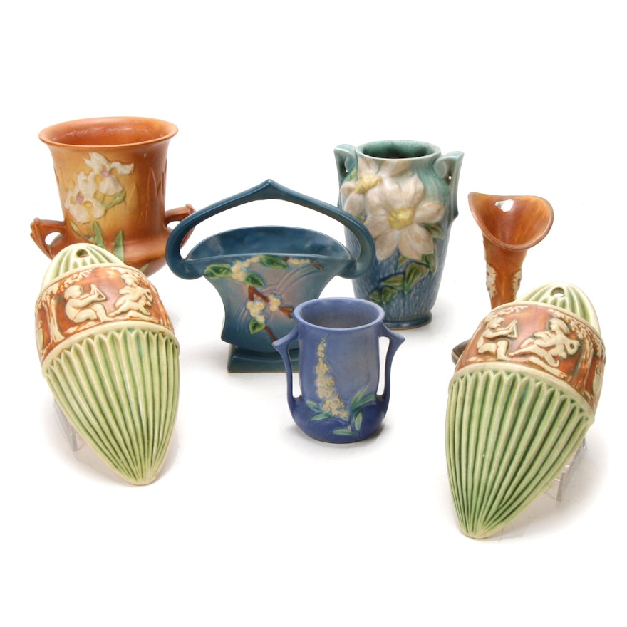 Roseville Pottery Vases and Pair of Ceramic Wall Pocket Vases