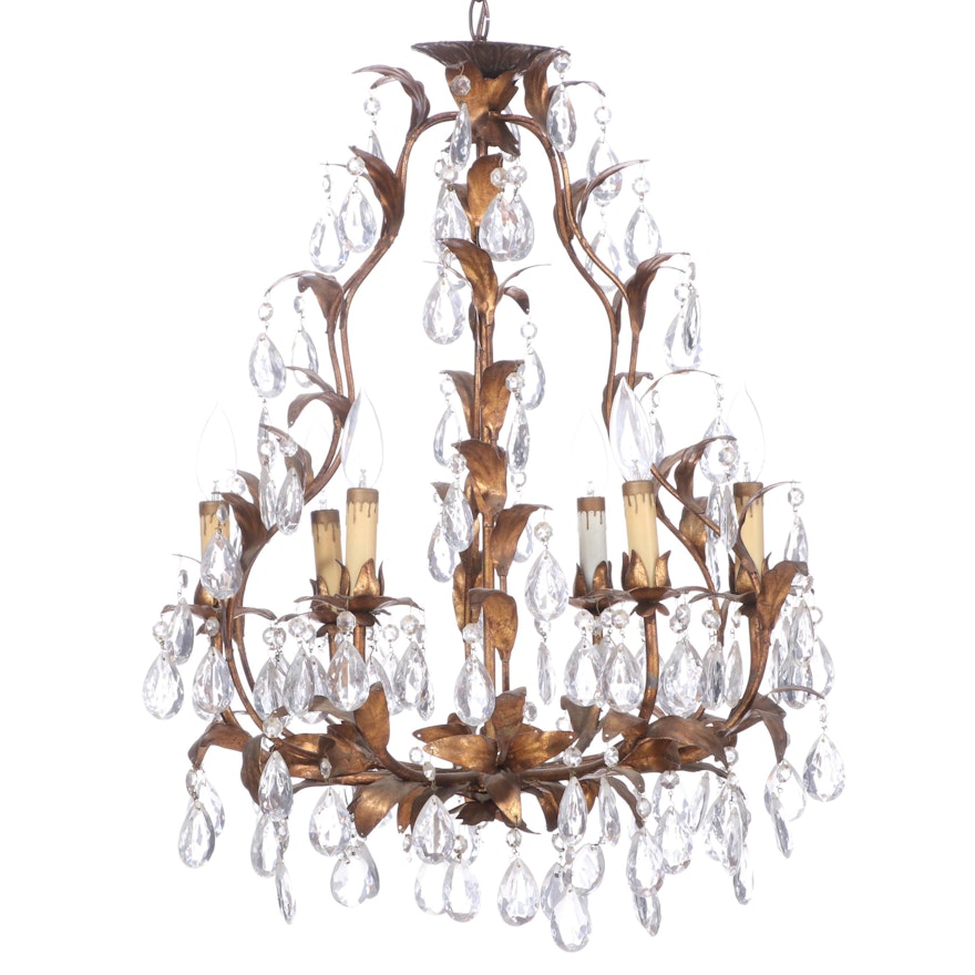 Italian Mid Century Style Metal and Crystal Candelabra Chandelier, Mid 20th C