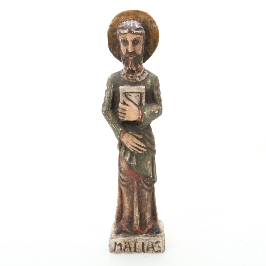 Folk Art Hand-Carved Wood Figure of Saint Matthias, Mid to Late 20th Century