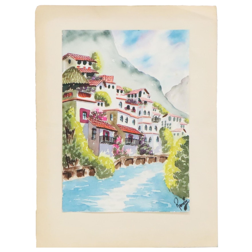 Canal Scene Watercolor Painting with Hillside Village