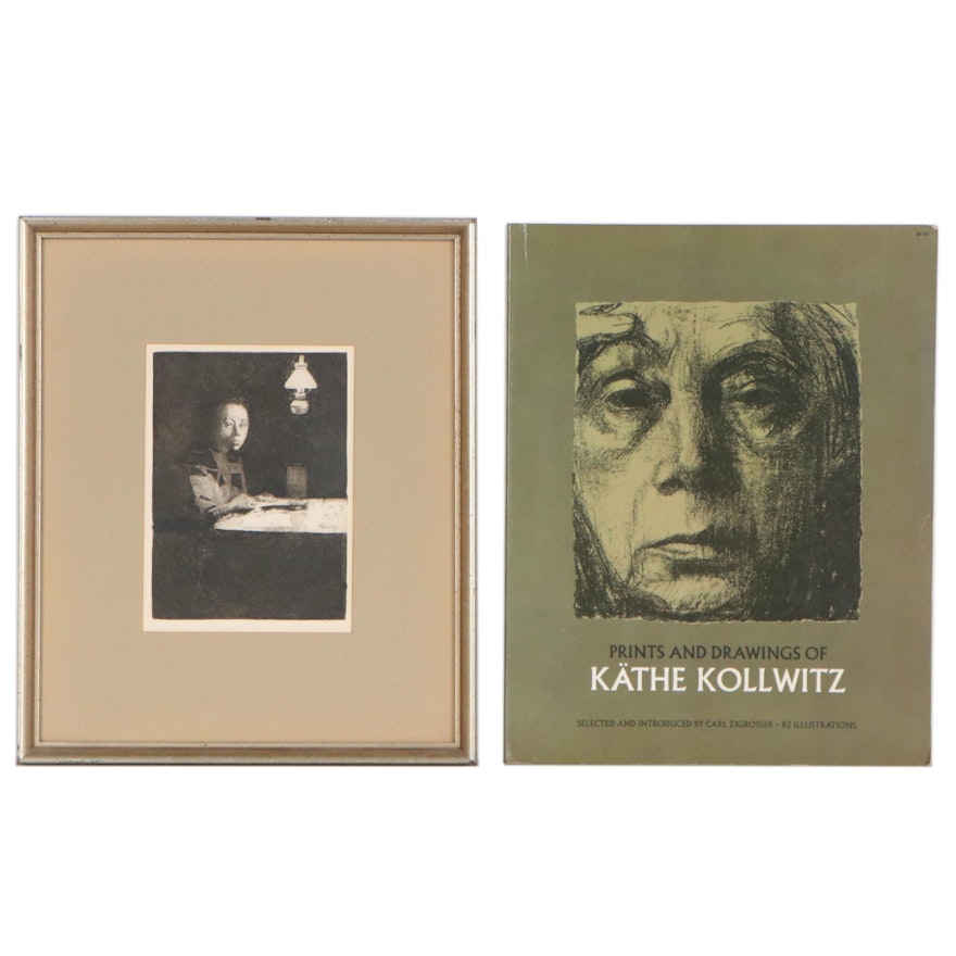 Käthe Kollwitz Restrike Etching "Self-Portrait at the Table" with Book