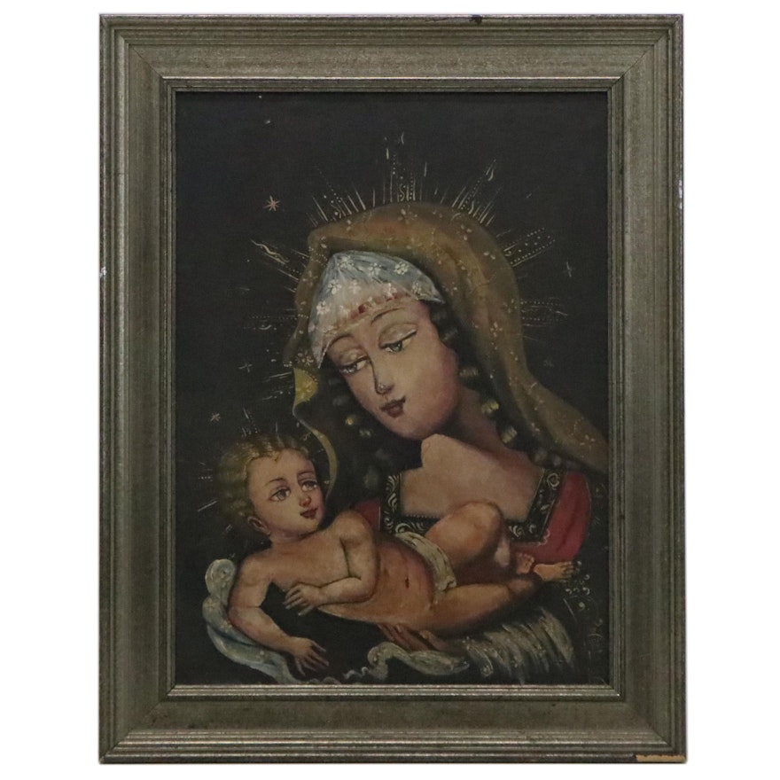 Cuzco School Style Oil Painting of Madonna and Child, Early 20th Century
