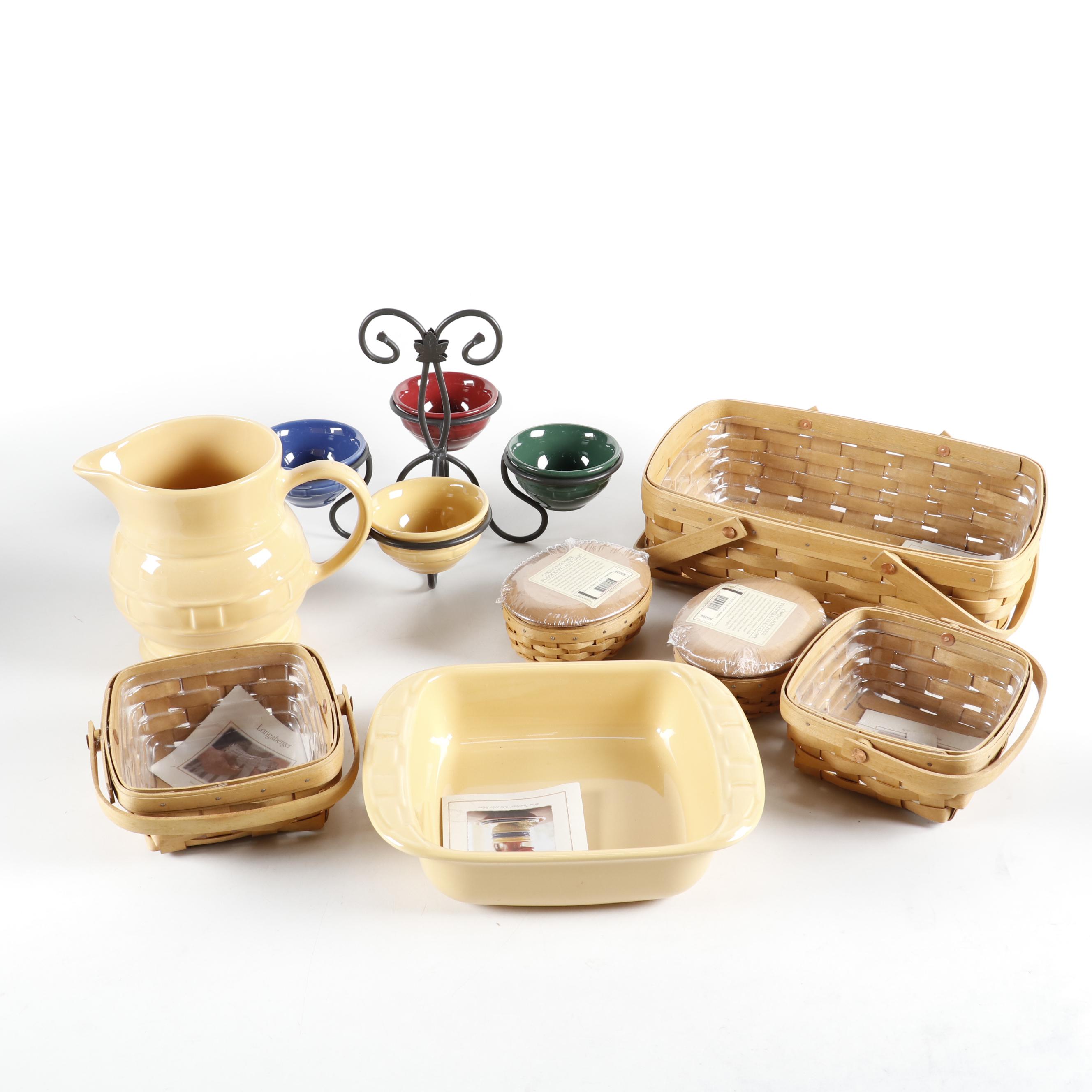 Longaberger Wrought Iron Stand with Ceramic Serveware and Wooden Baskets