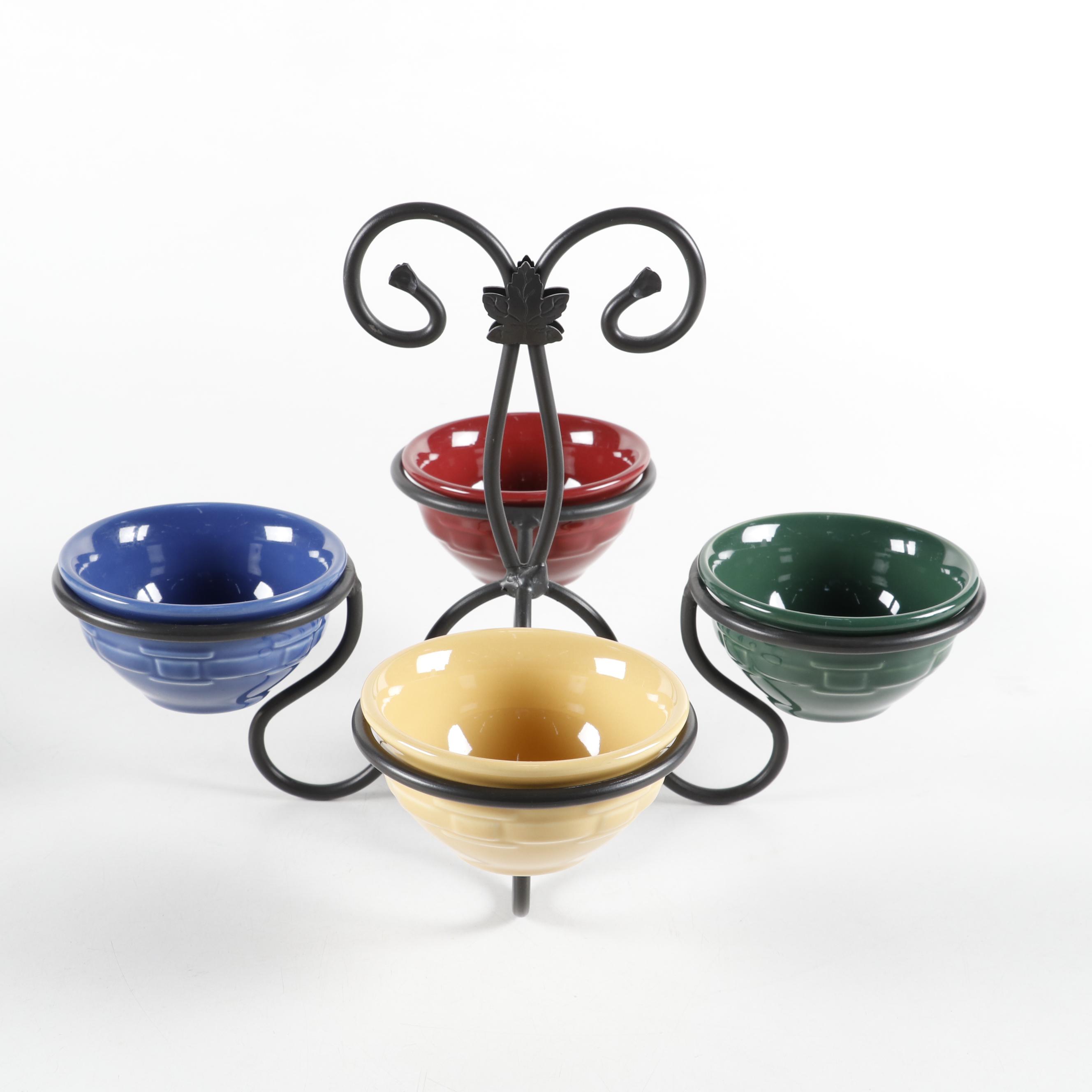 Longaberger Wrought Iron Stand with Ceramic Serveware and Wooden Baskets