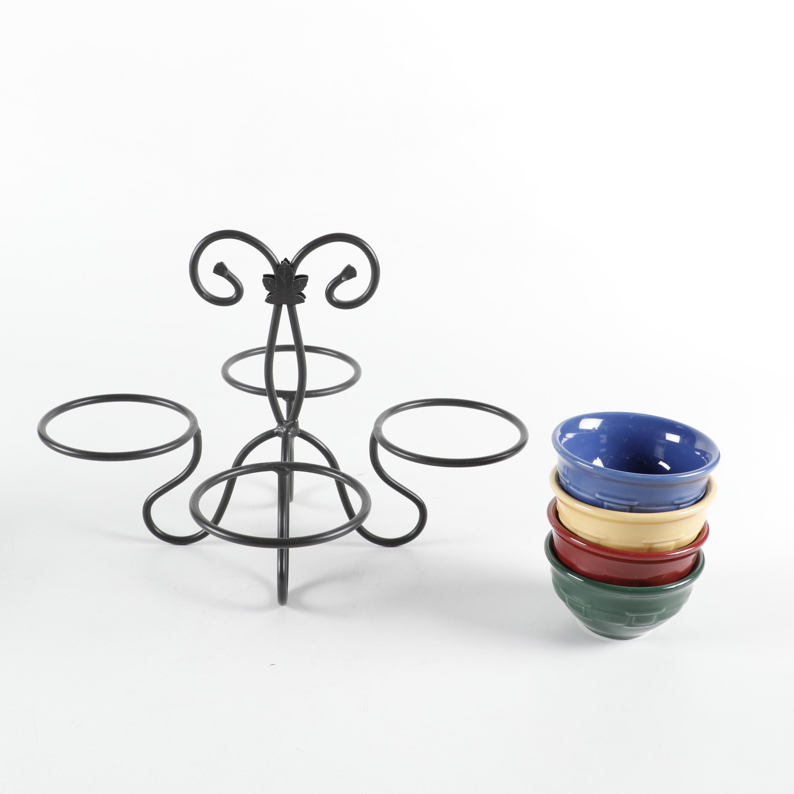Longaberger Wrought Iron Stand with Ceramic Serveware and Wooden Baskets