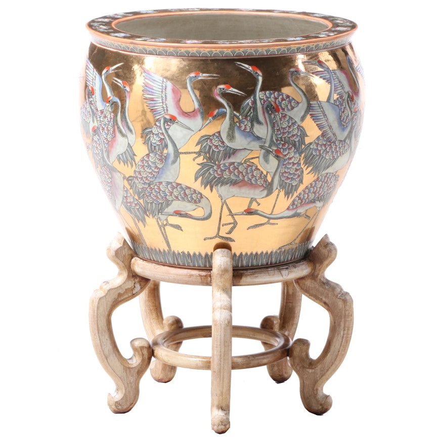 Chinese Crested Crane and Gilt Ceramic Fishbowl Planter, with Stand, Late 20th C