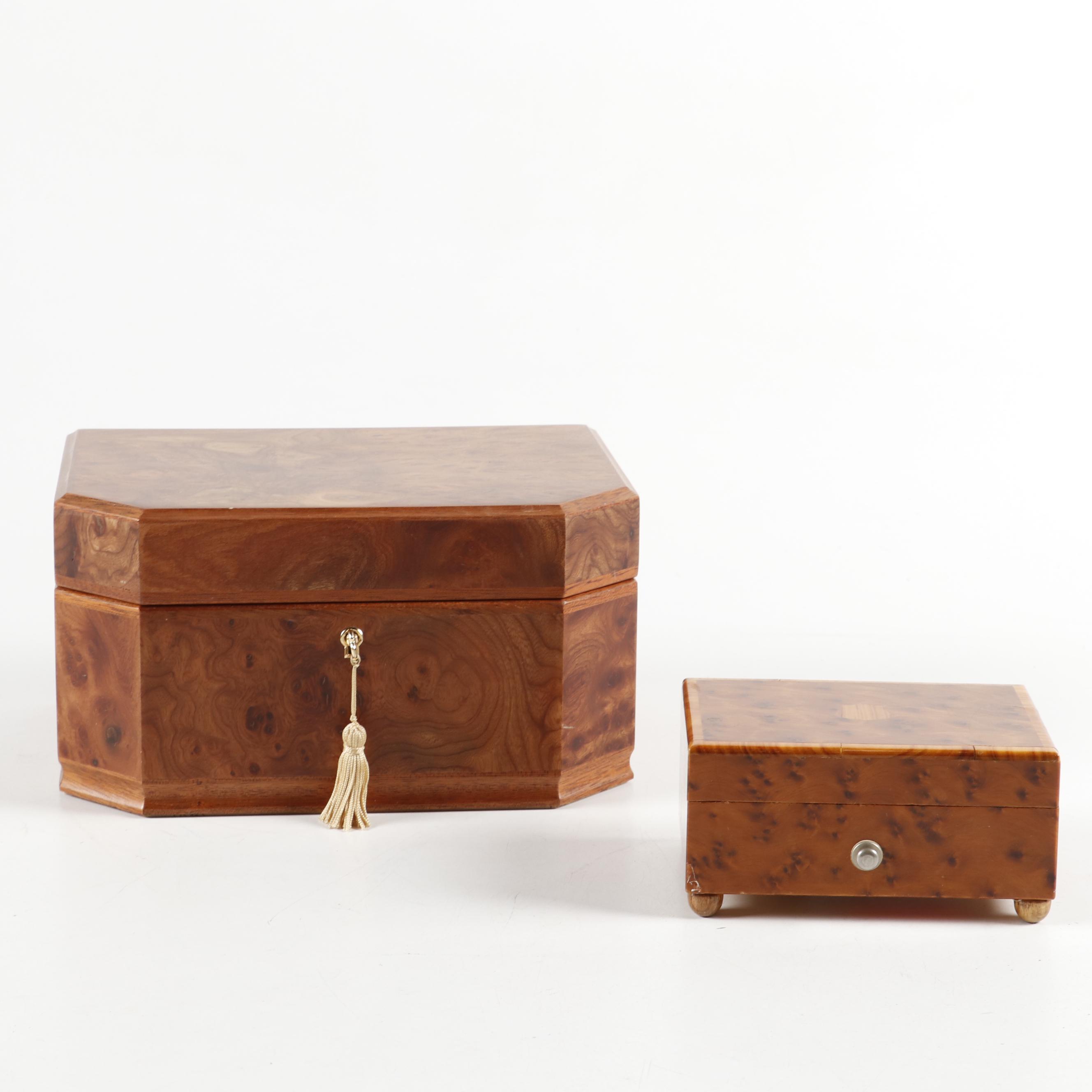 Agresti Italian Burl Wood Jewelry Box and Reuge Burl Music Box
