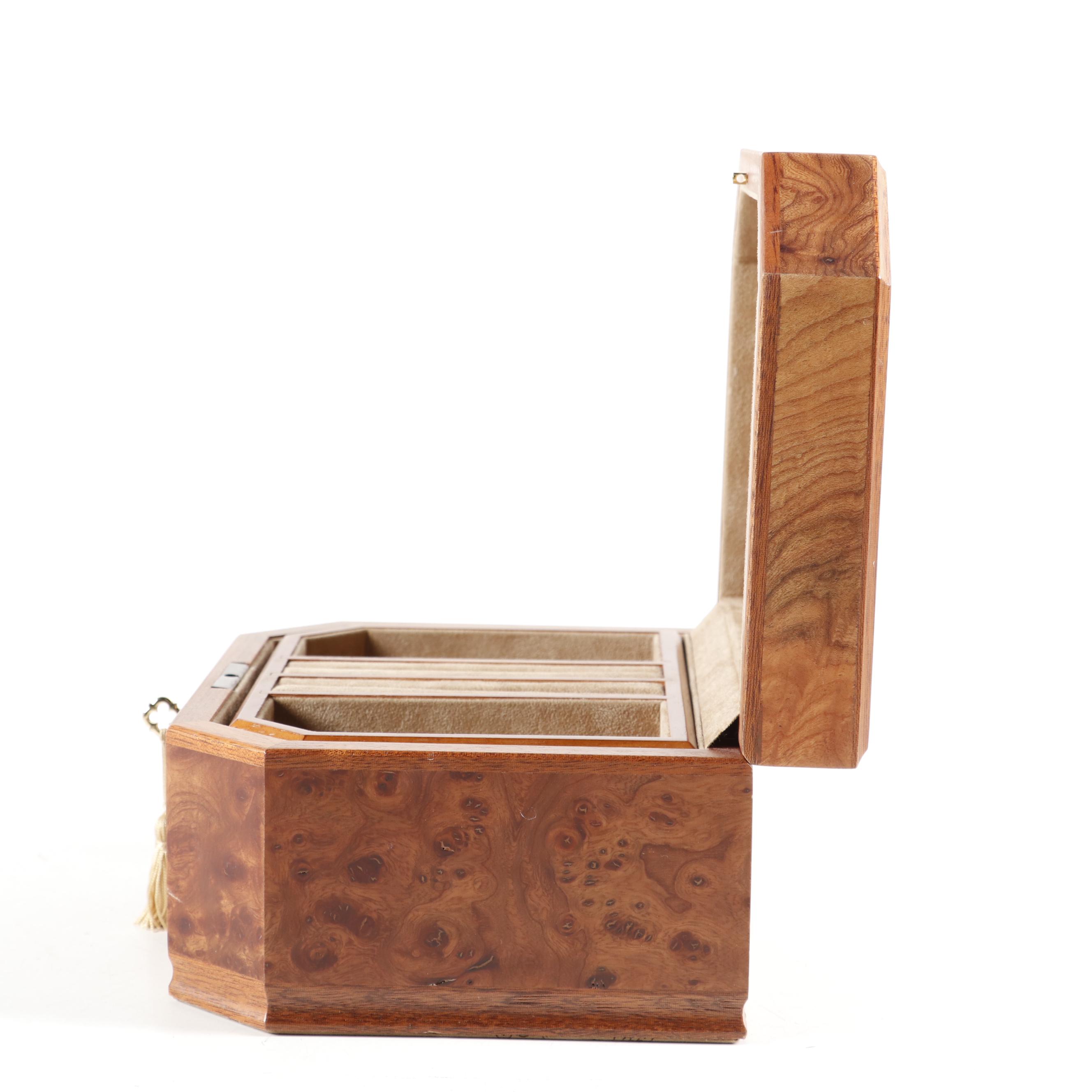 Agresti Italian Burl Wood Jewelry Box and Reuge Burl Music Box