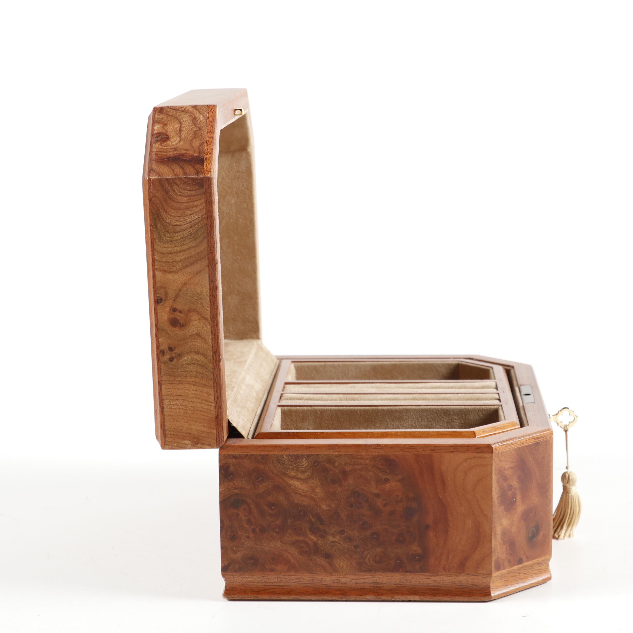 Agresti Italian Burl Wood Jewelry Box and Reuge Burl Music Box