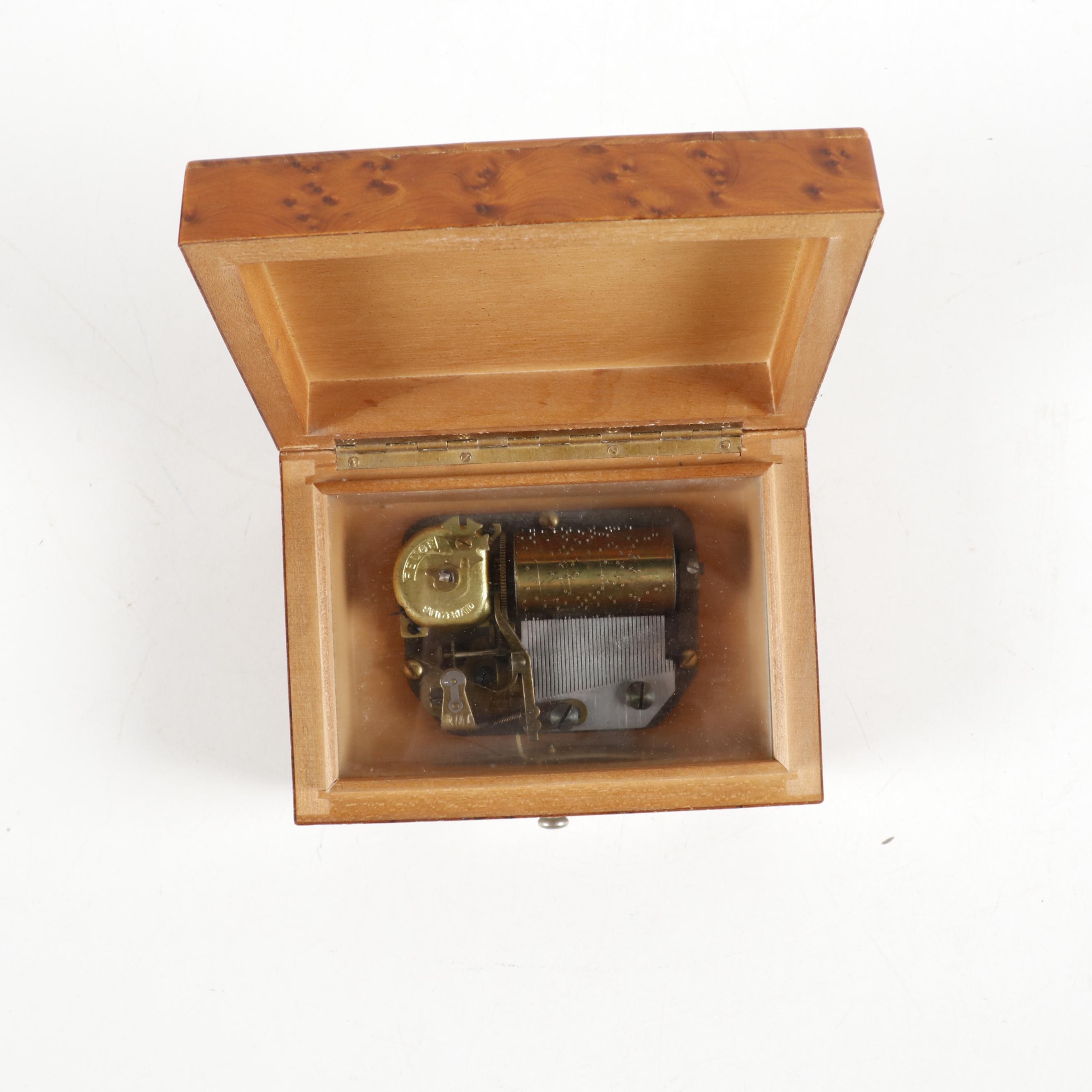 Agresti Italian Burl Wood Jewelry Box and Reuge Burl Music Box