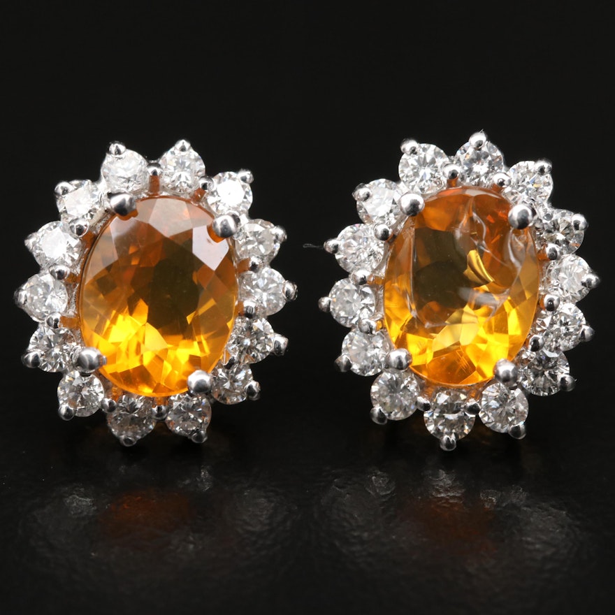 14K Fire Opal and Diamond Halo Button Earrings