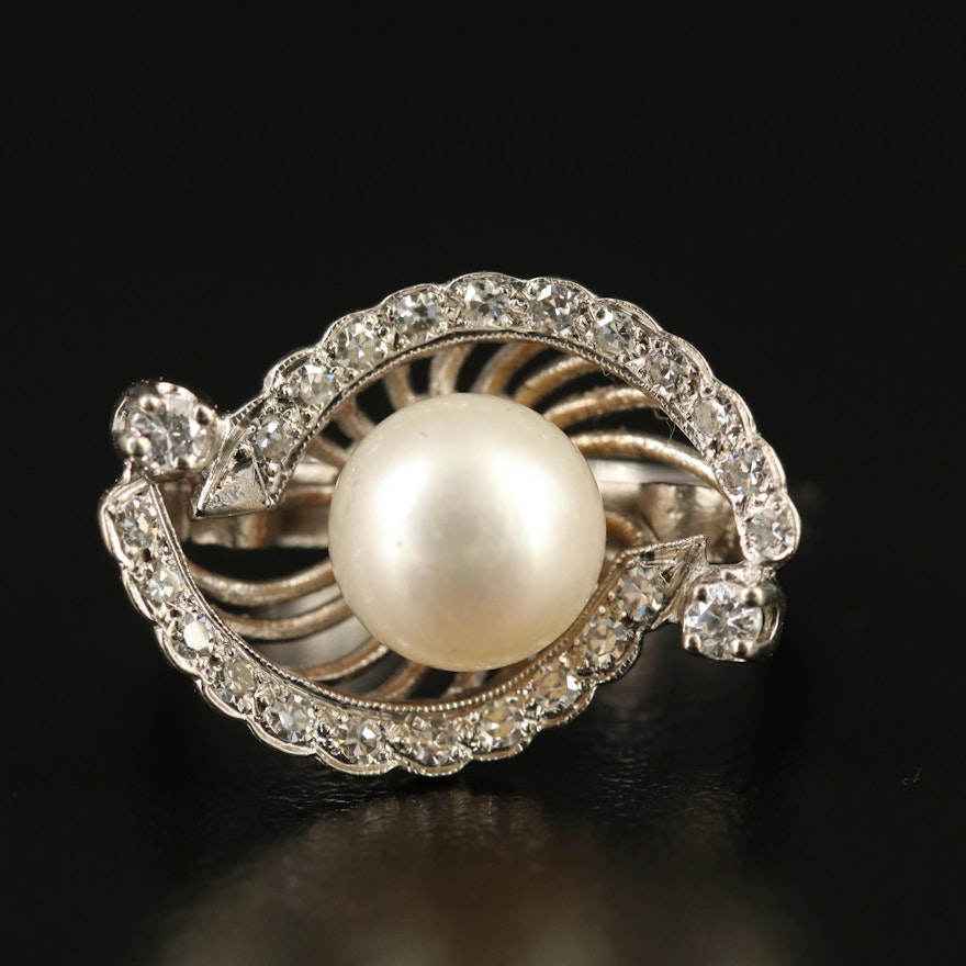 Vintage 14K Pearl and Diamond Open Gallery Ring