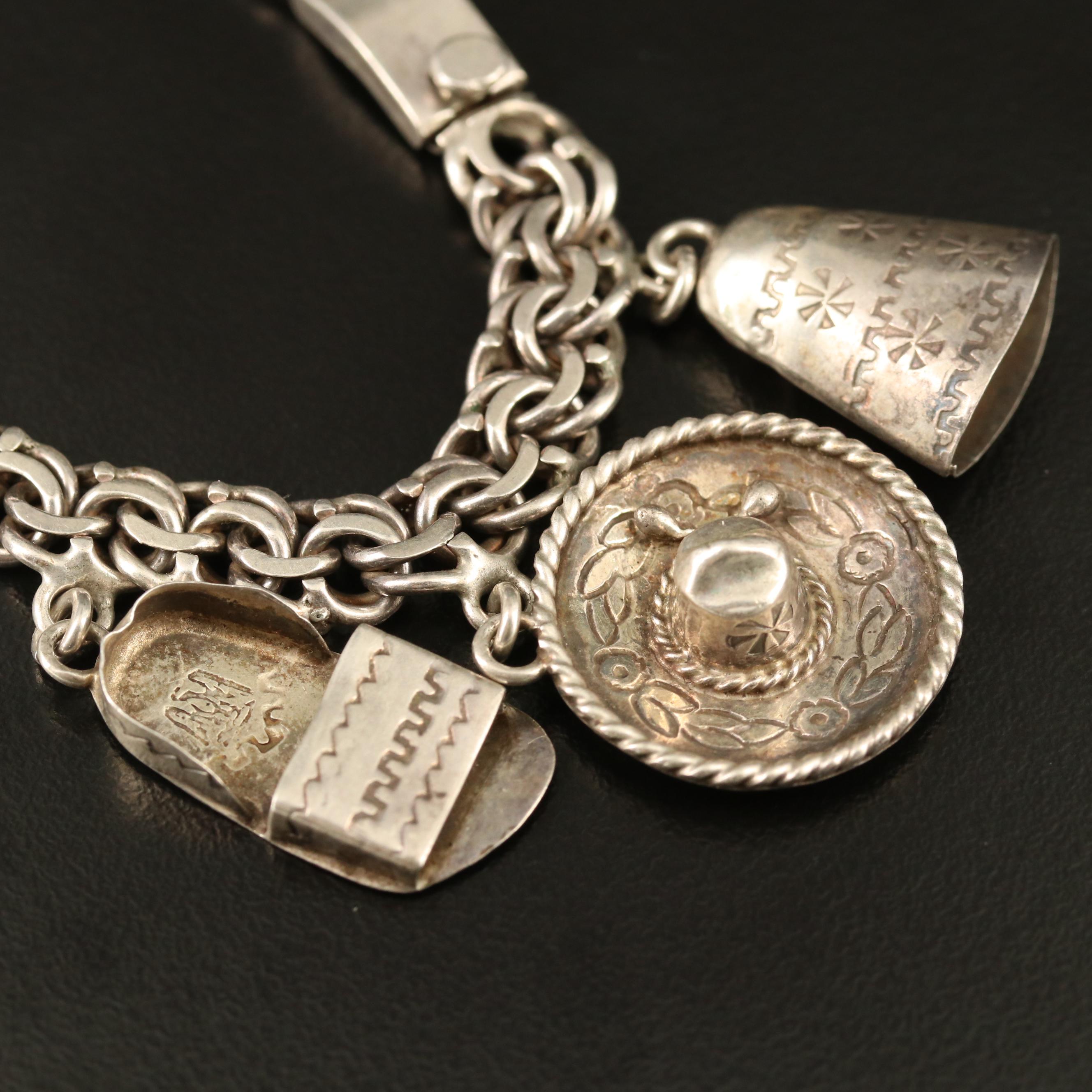 Vintage Sterling Silver Mexican Themed Charm Bracelet