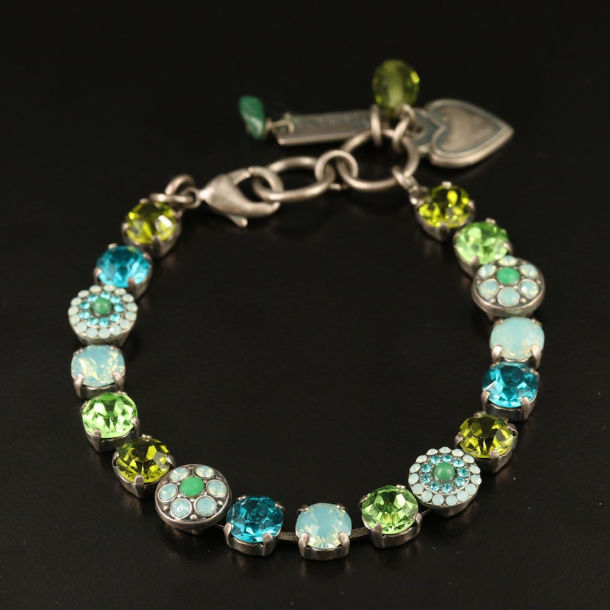 Glass and Rhinestone Link Bracelet with Heart Charm