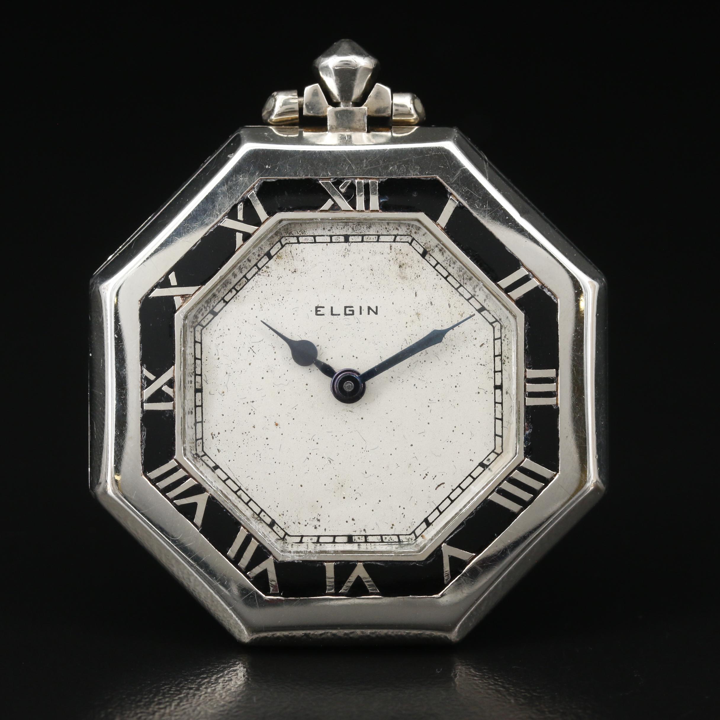 Elgin Art Deco 14K Gold Filled and Enamel Octagonal Open Face Pocket Watch