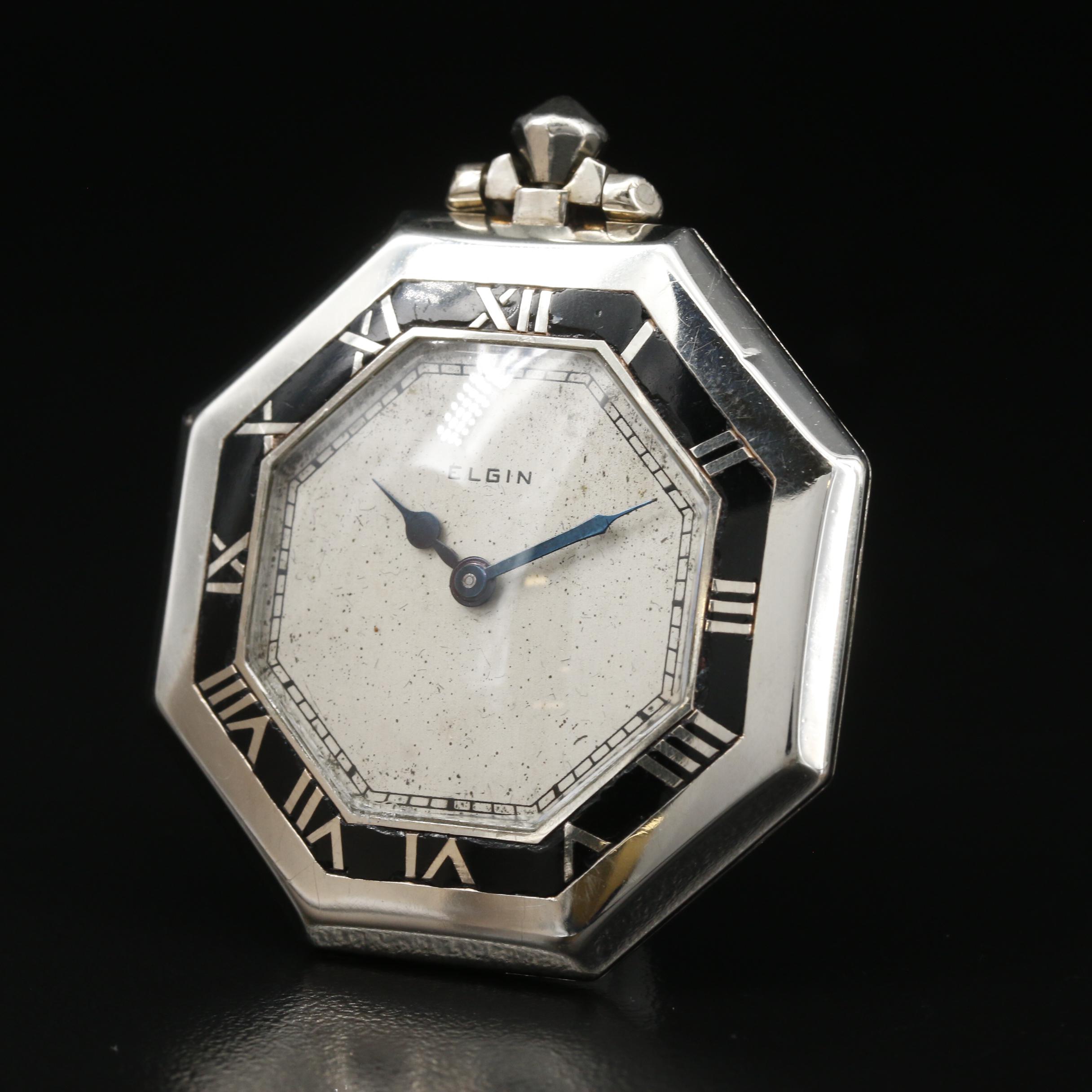 Elgin Art Deco 14K Gold Filled and Enamel Octagonal Open Face Pocket Watch